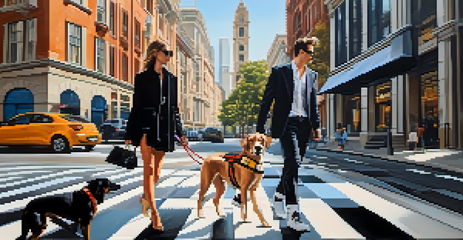 A person and their dog in matching designer outfits walking in an urban setting.