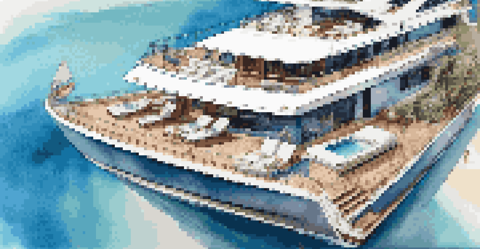 Aerial view of a luxurious yacht with friends enjoying the sun on deck in clear blue waters.