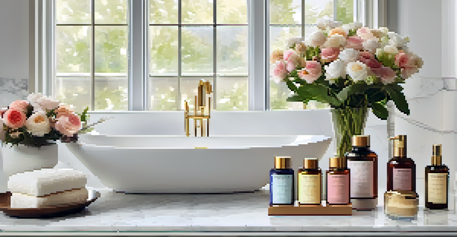 An elegant arrangement of bath products on a marble countertop with fresh flowers, showcasing natural oils and bath bombs in a softly lit environment.