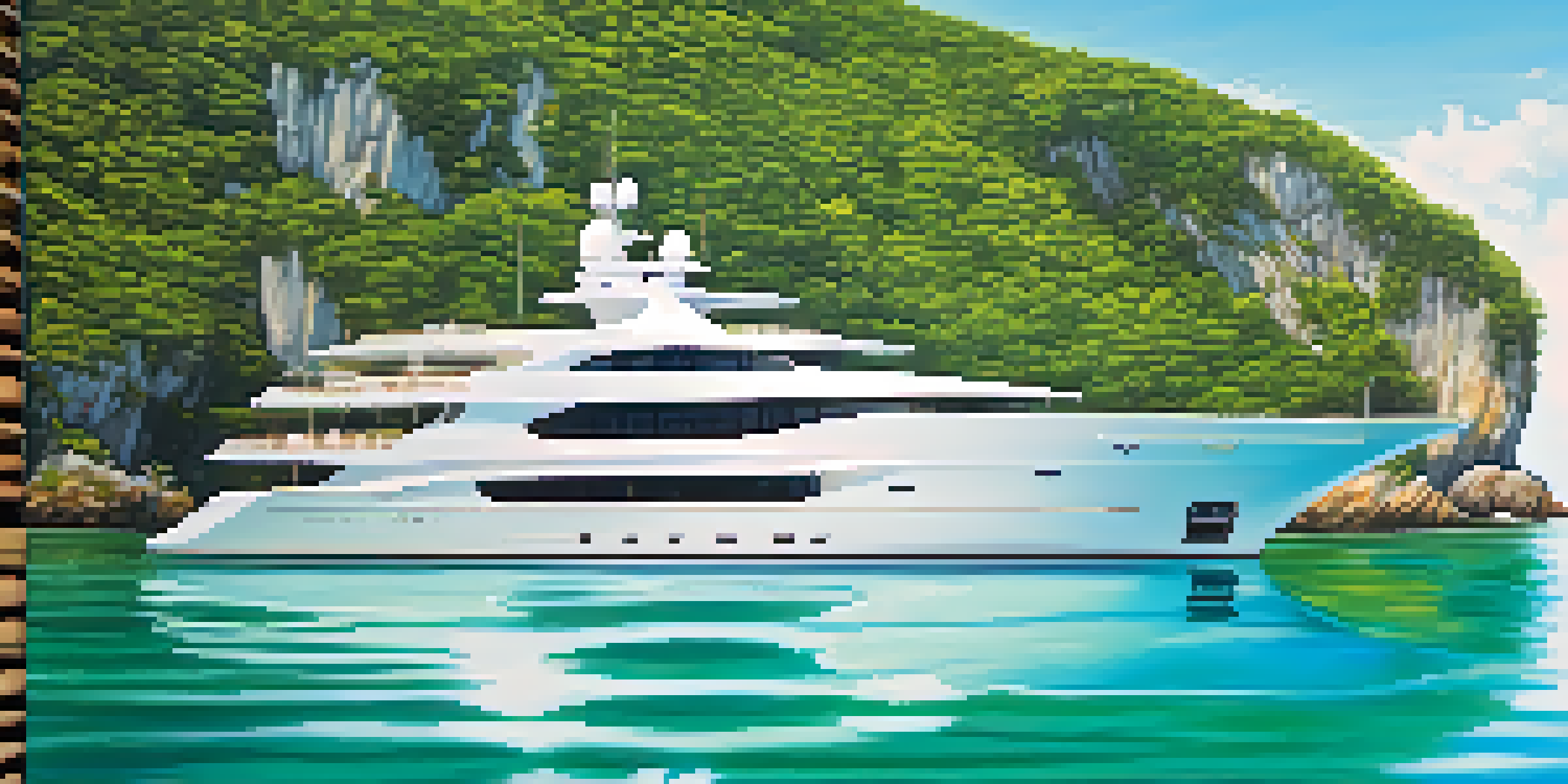 A luxurious white yacht in clear turquoise waters with green islands and a blue sky.
