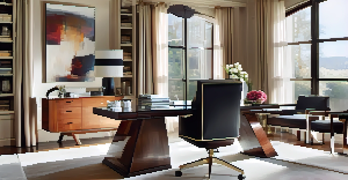 A modern and luxurious office space with a glass desk, leather chair, and elegant decor, illuminated by natural sunlight.