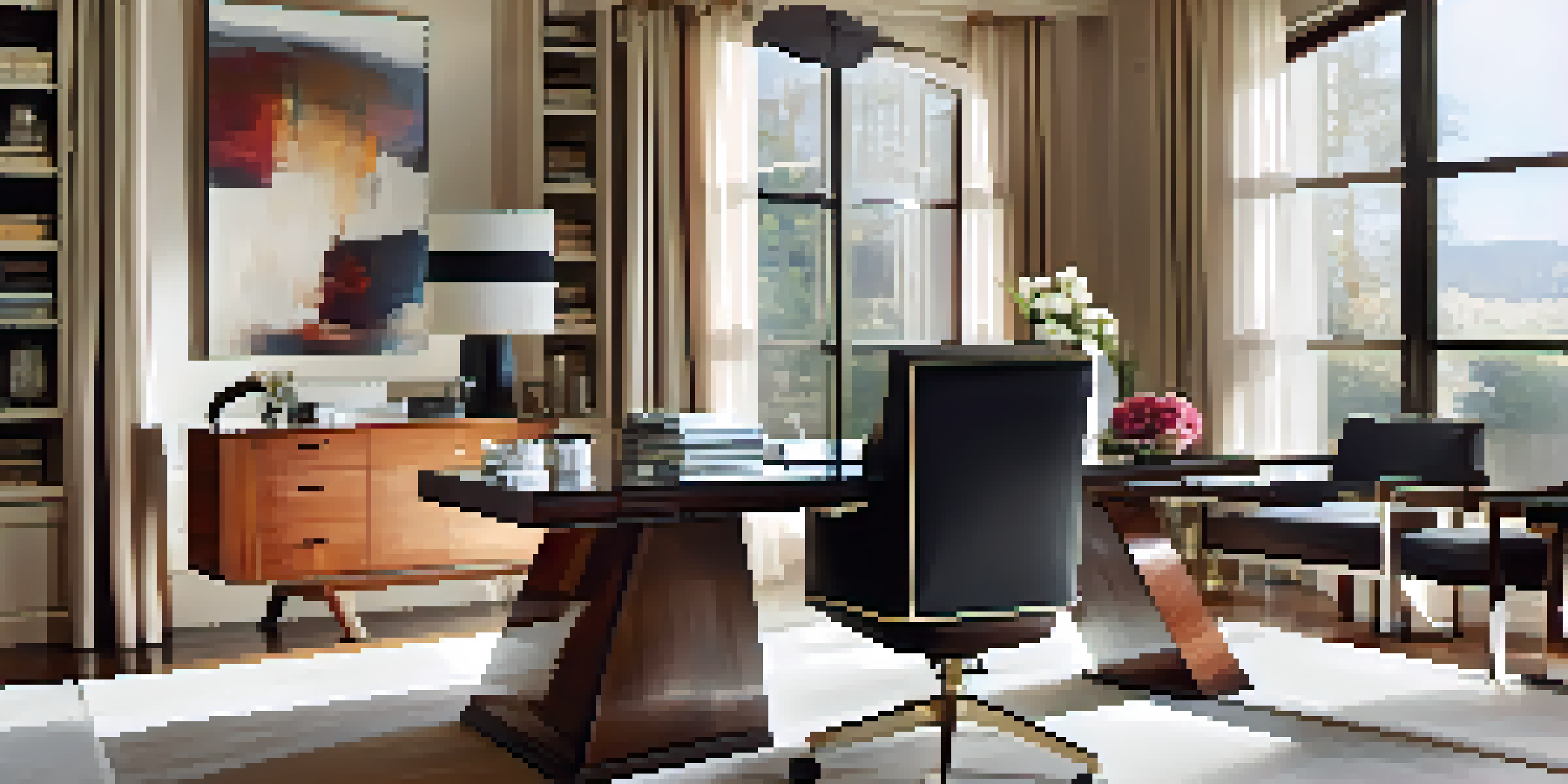 A modern and luxurious office space with a glass desk, leather chair, and elegant decor, illuminated by natural sunlight.