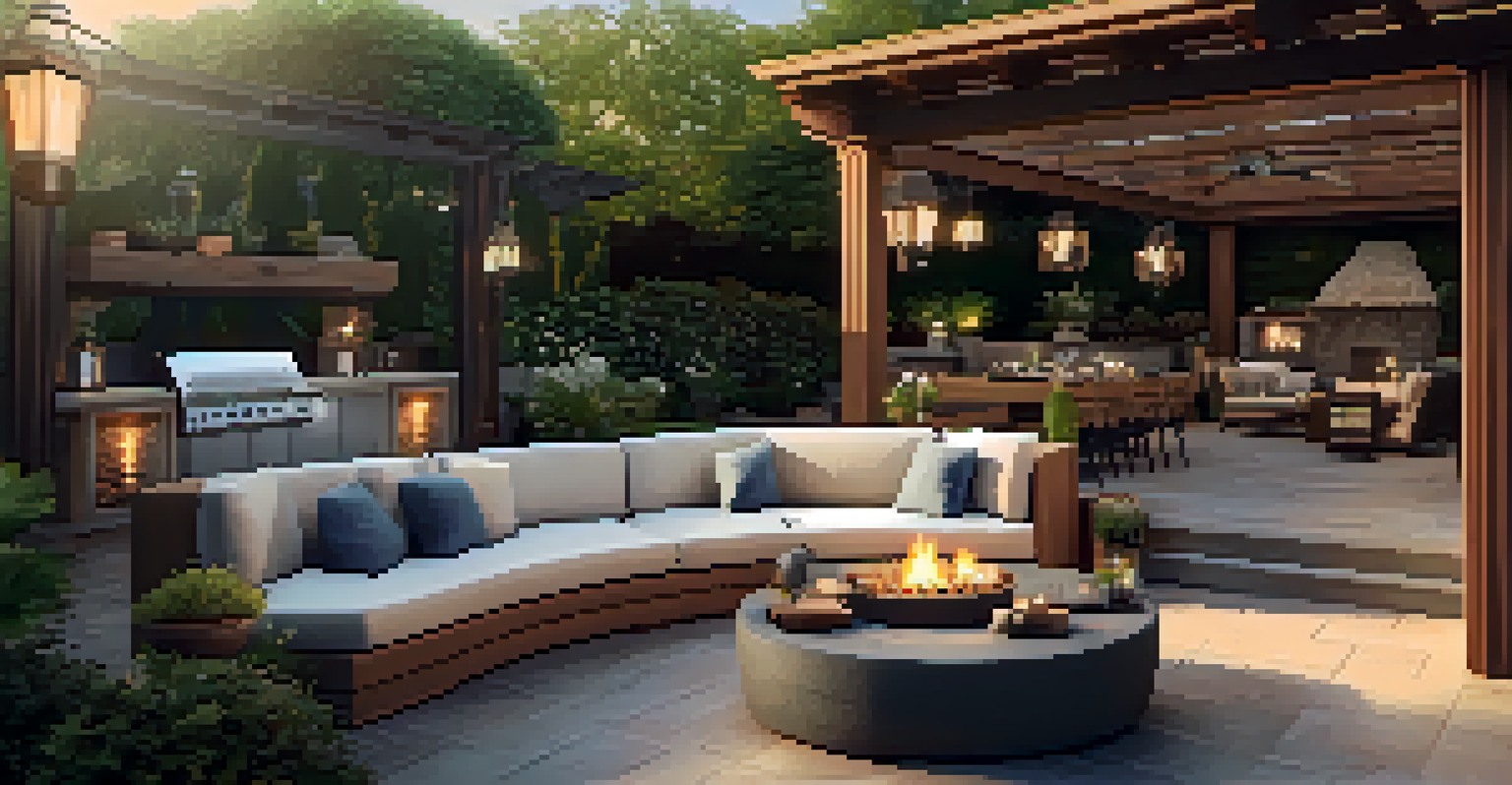 An inviting outdoor living room with comfortable furniture and a fire pit in a lush garden, illuminated by warm evening light.