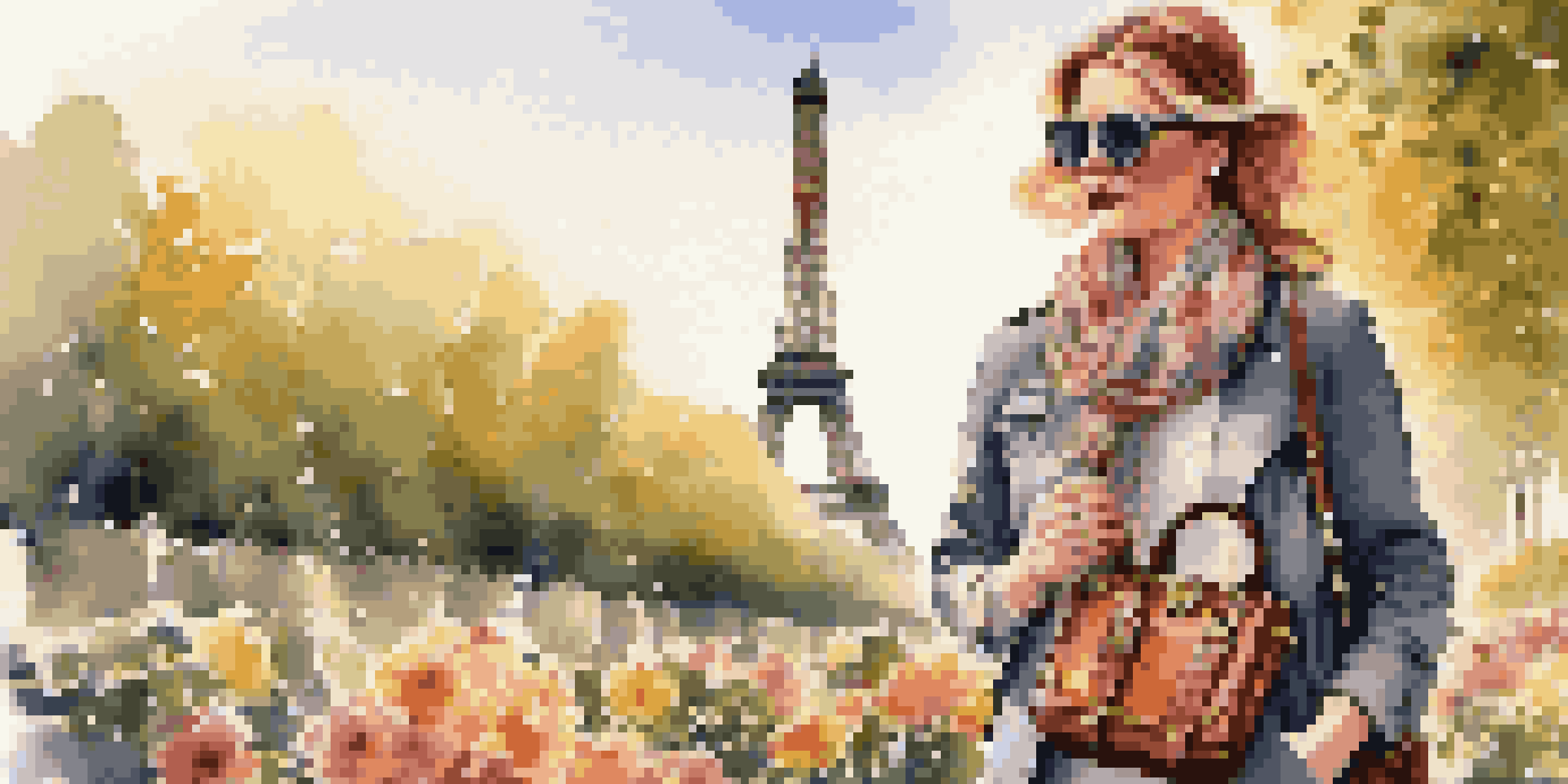 A fashionable travel photographer with a luxury camera bag in front of the Eiffel Tower, surrounded by colorful flowers under warm sunlight.