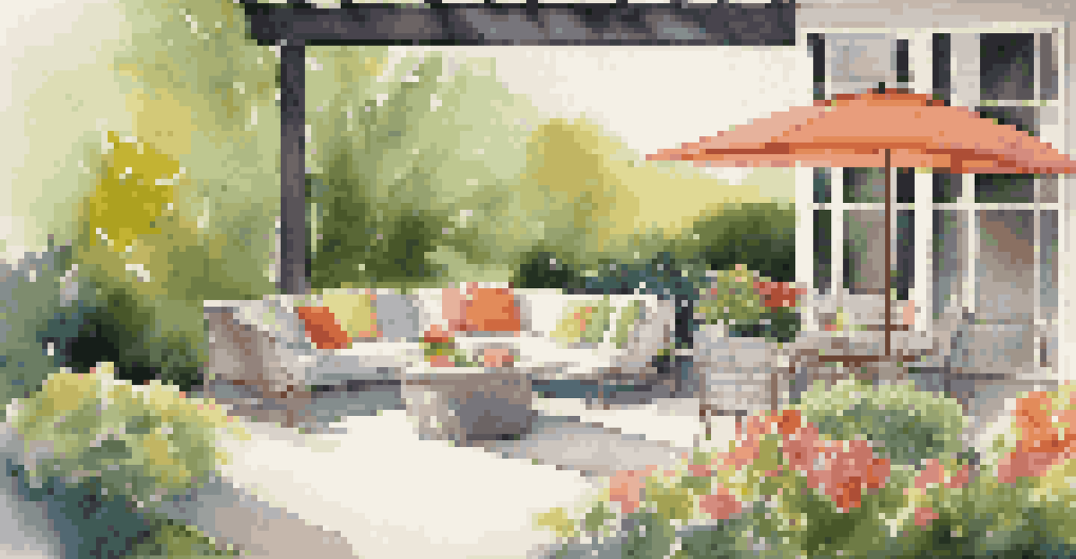 An outdoor patio set in a lush garden, surrounded by colorful flowers and greenery, under warm afternoon light.