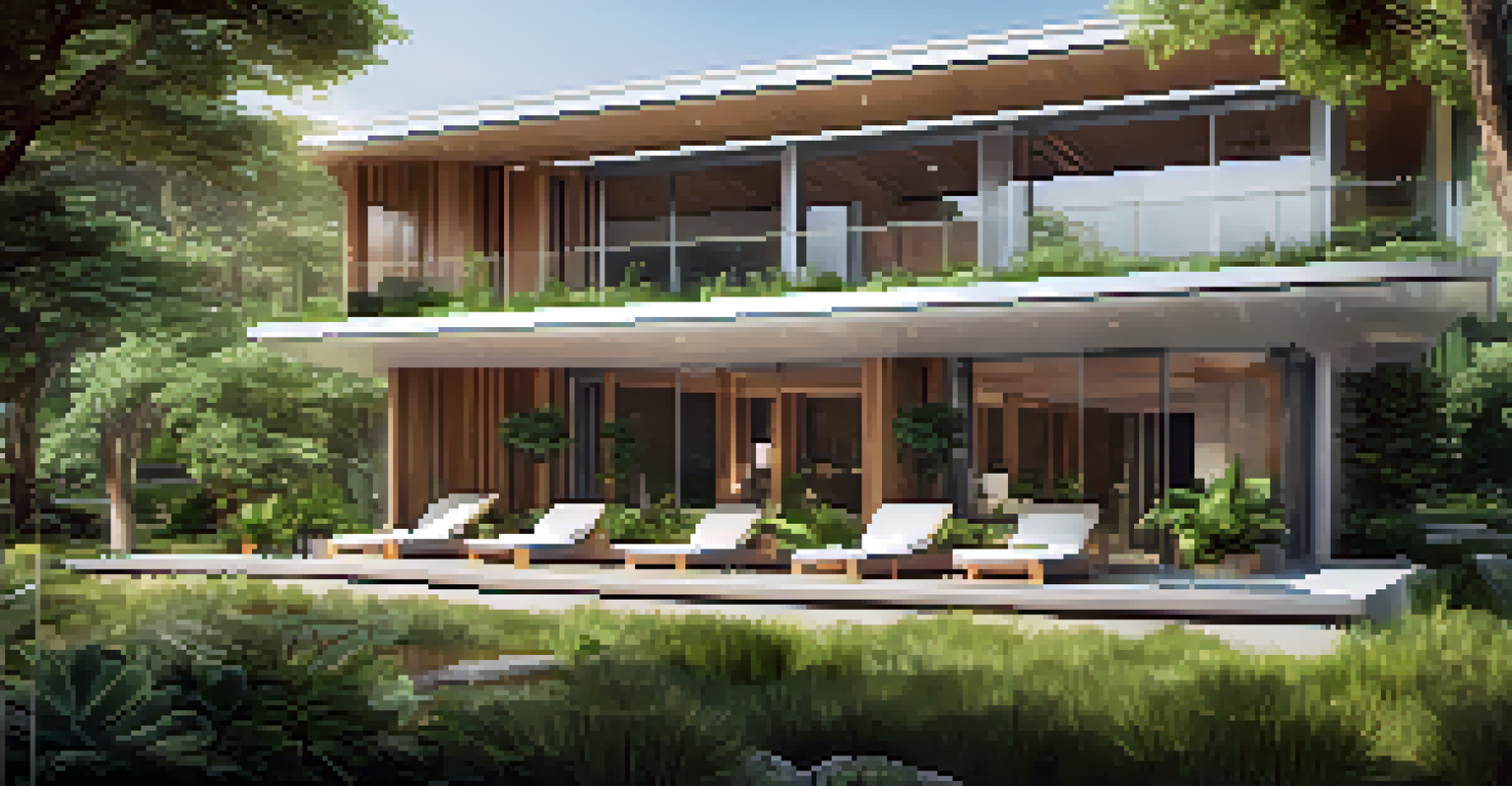 An eco-friendly luxury spa with solar panels, large windows, and lush greenery, showcasing modern sustainable design.
