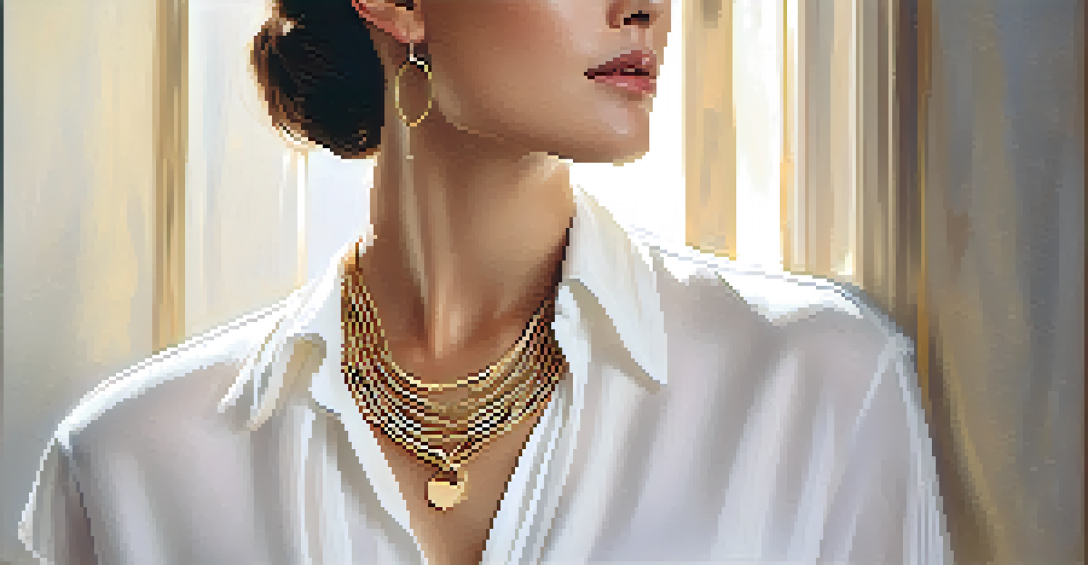 A woman in a white blouse wearing layered minimalist jewelry.