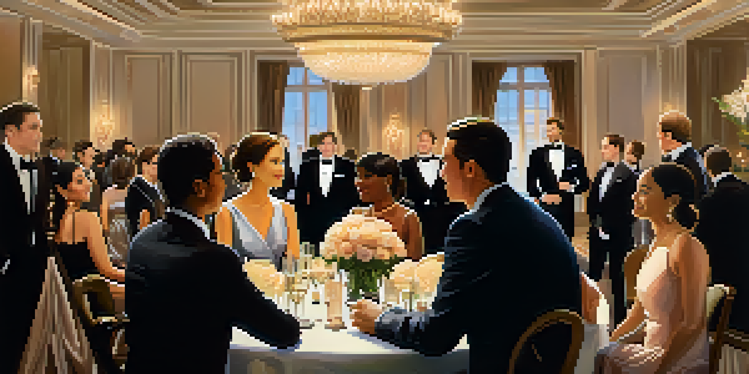 A luxurious ballroom filled with elegantly dressed people networking and conversing under soft lighting, showcasing chandeliers and floral decor.