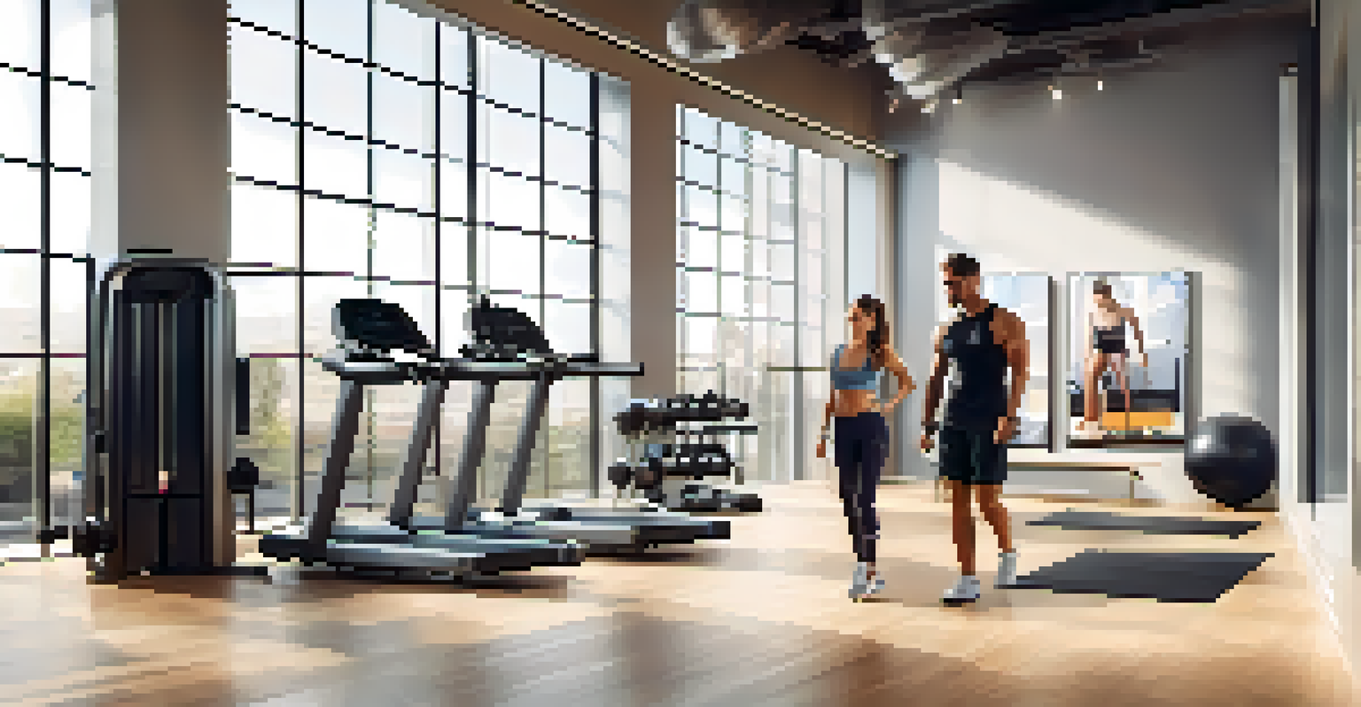 A personal trainer demonstrating an exercise to a client in a modern gym with natural light.