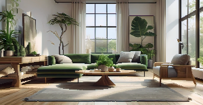 A sustainable luxury living room with bamboo flooring, large windows, indoor plants, and elegant reclaimed wood furniture in soft green and earthy tones.