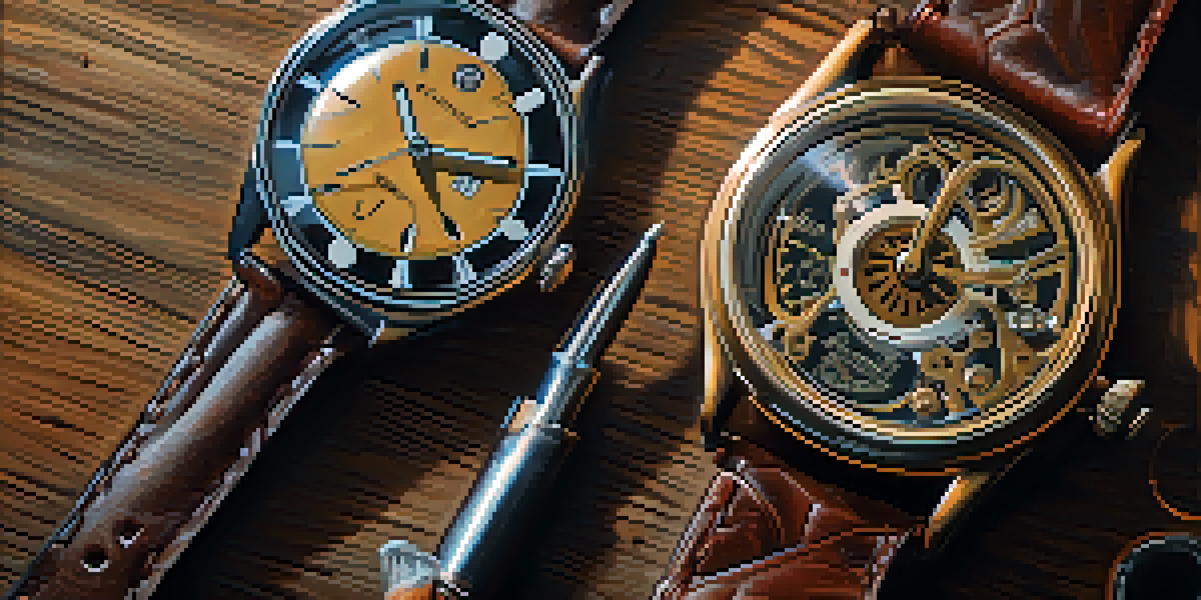 A vintage wristwatch displayed on a wooden table with soft lighting, surrounded by blurred collectibles like sneakers and vinyl records.