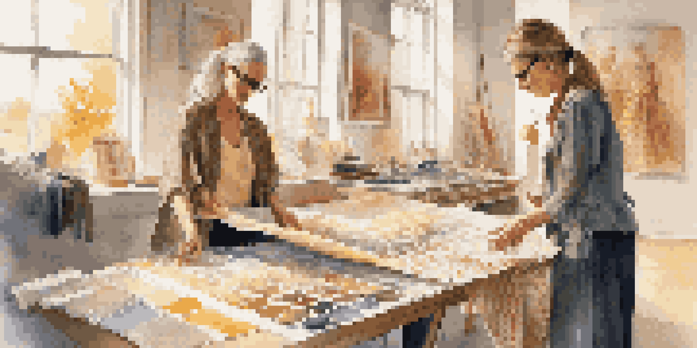 A middle-aged female designer in her studio, surrounded by fabric swatches and sketches, discussing her work with an assistant under warm golden light.