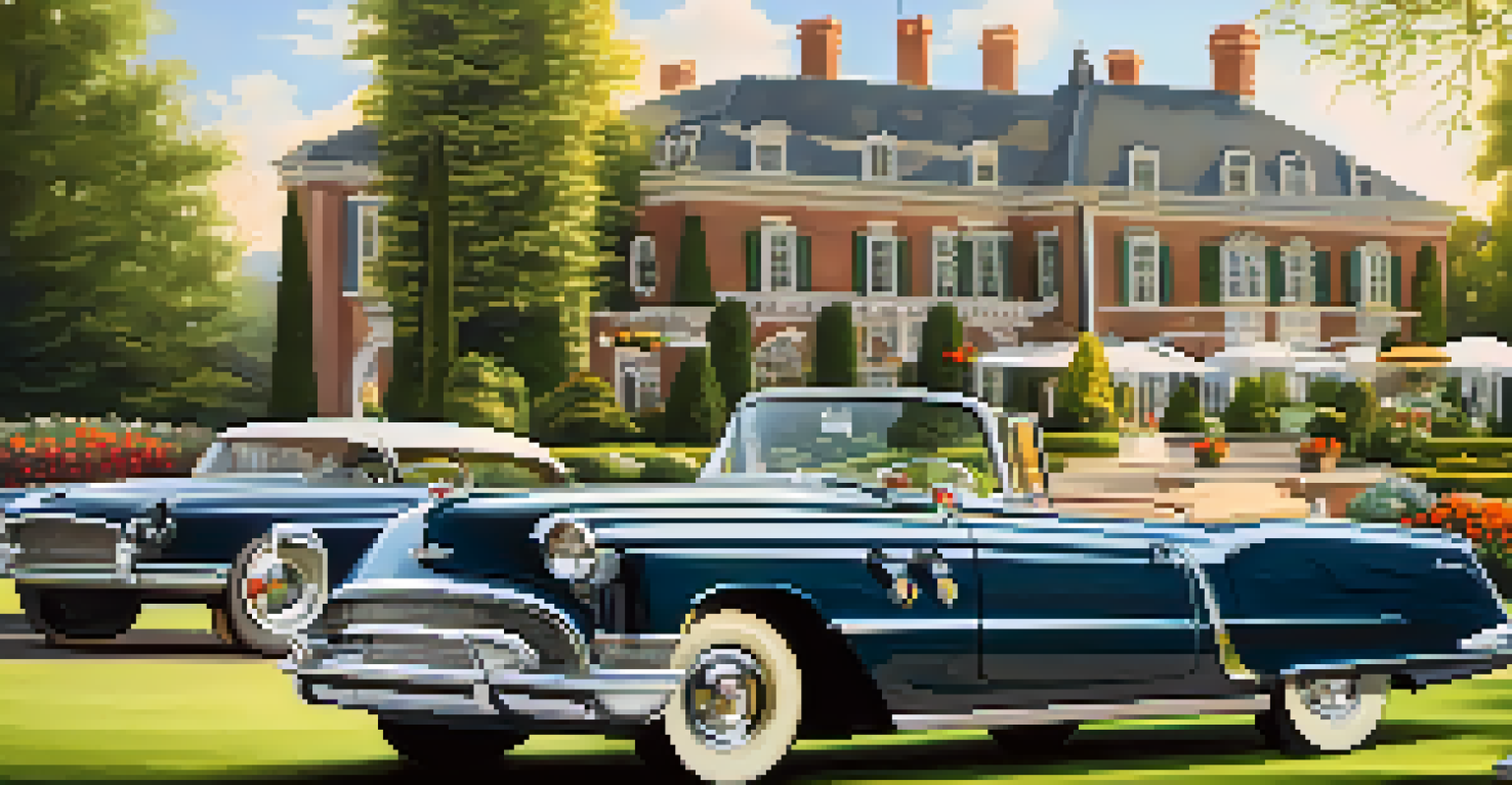A vintage car showcased in a garden setting during a classic car event, with attendees in formal attire.