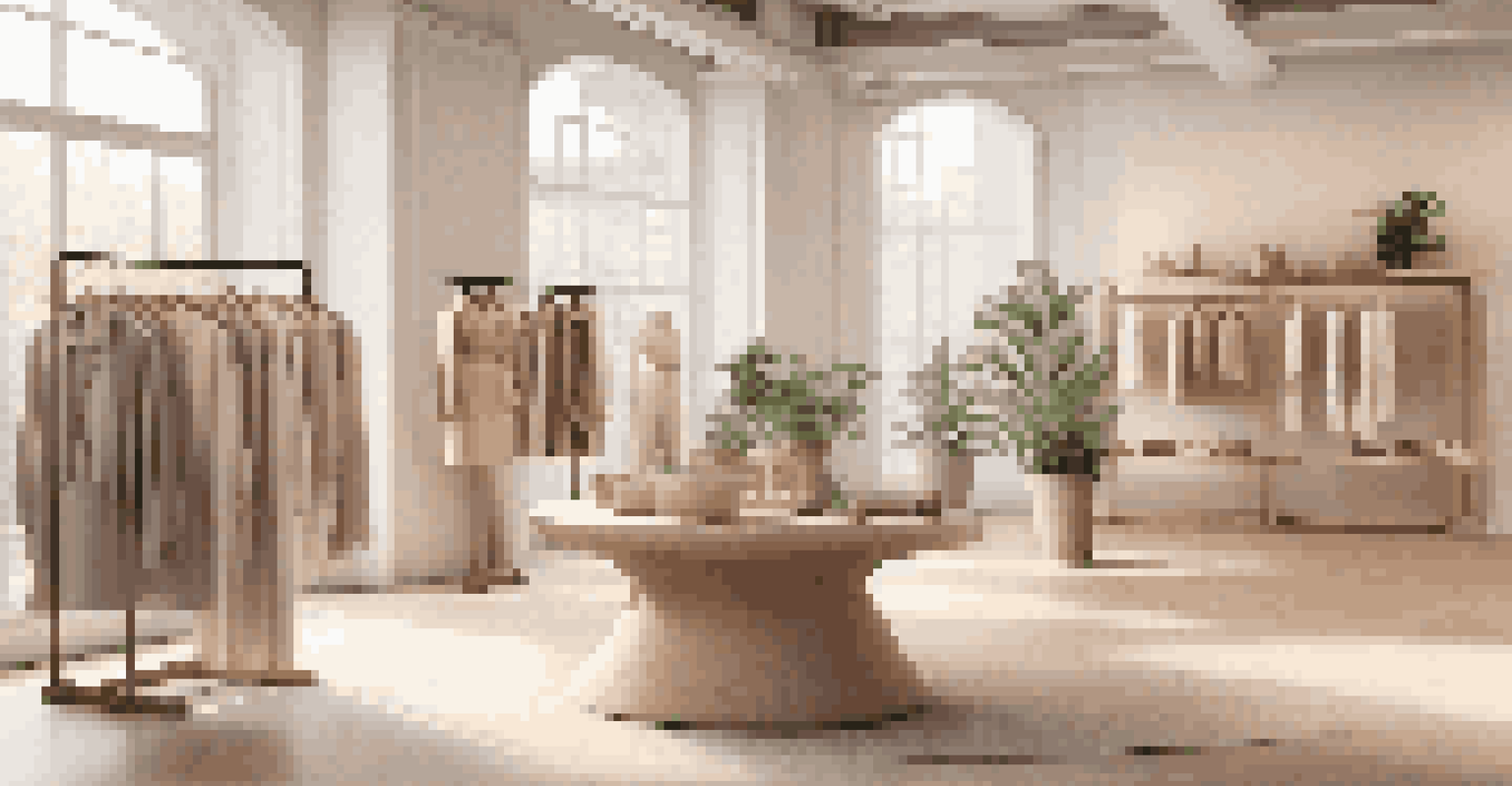 A boutique showcasing eco-friendly luxury fashion with sustainable materials, set in a naturally lit space with plants and wooden racks.