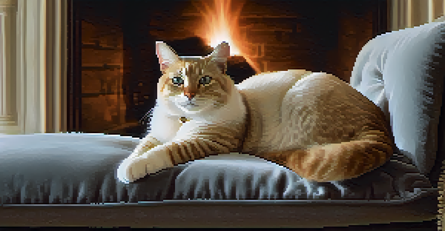 A cat in a cashmere sweater resting on a velvet cushion in a cozy room.