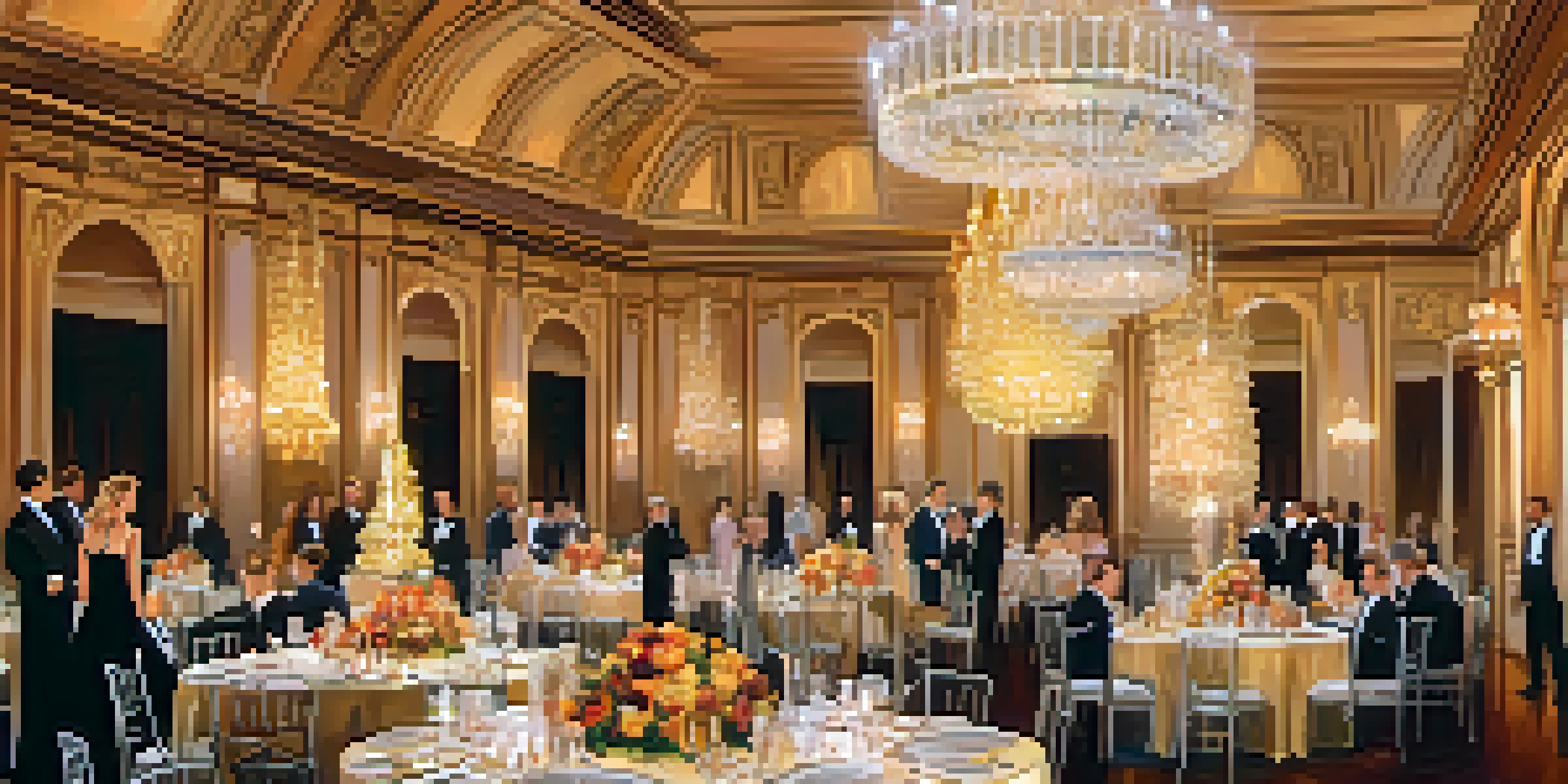 A grand ballroom filled with elegantly dressed guests attending a charity gala, with chandeliers and lavish table settings.