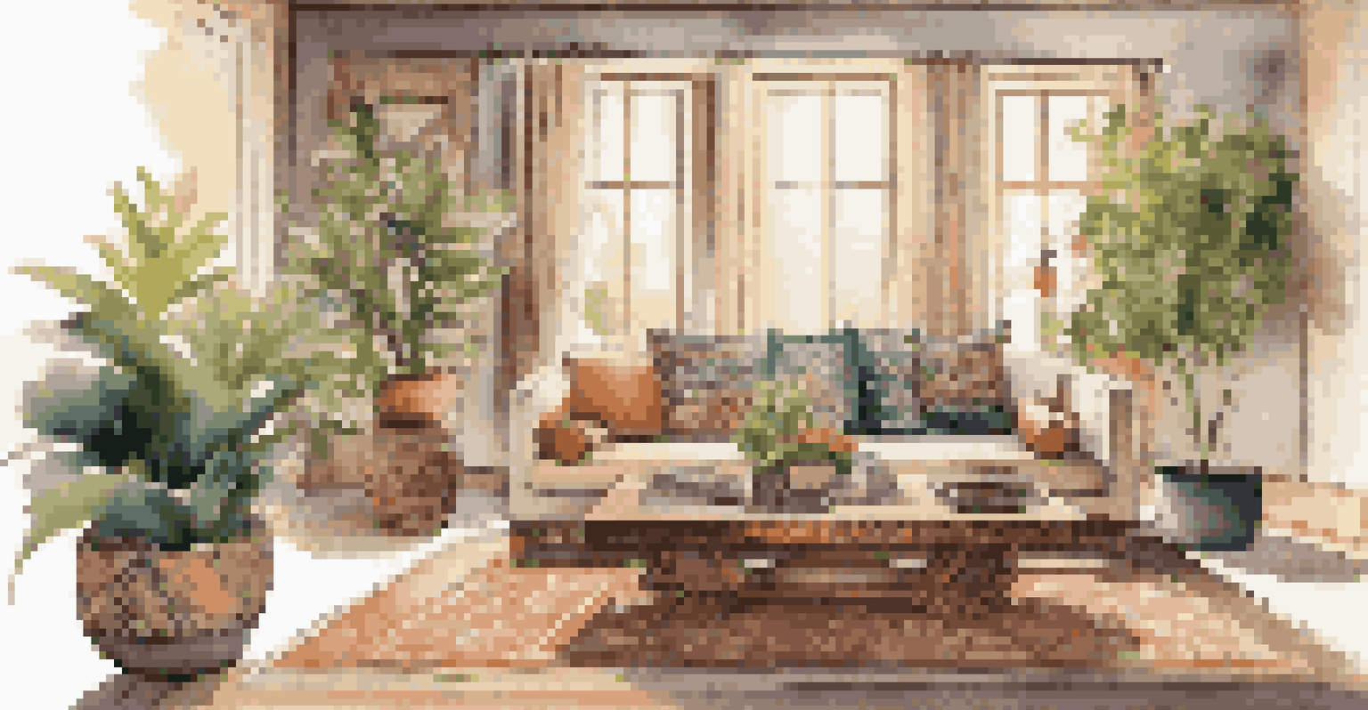 A modern living room with a sleek sofa and traditional embroidered cushions, illuminated by soft lighting.