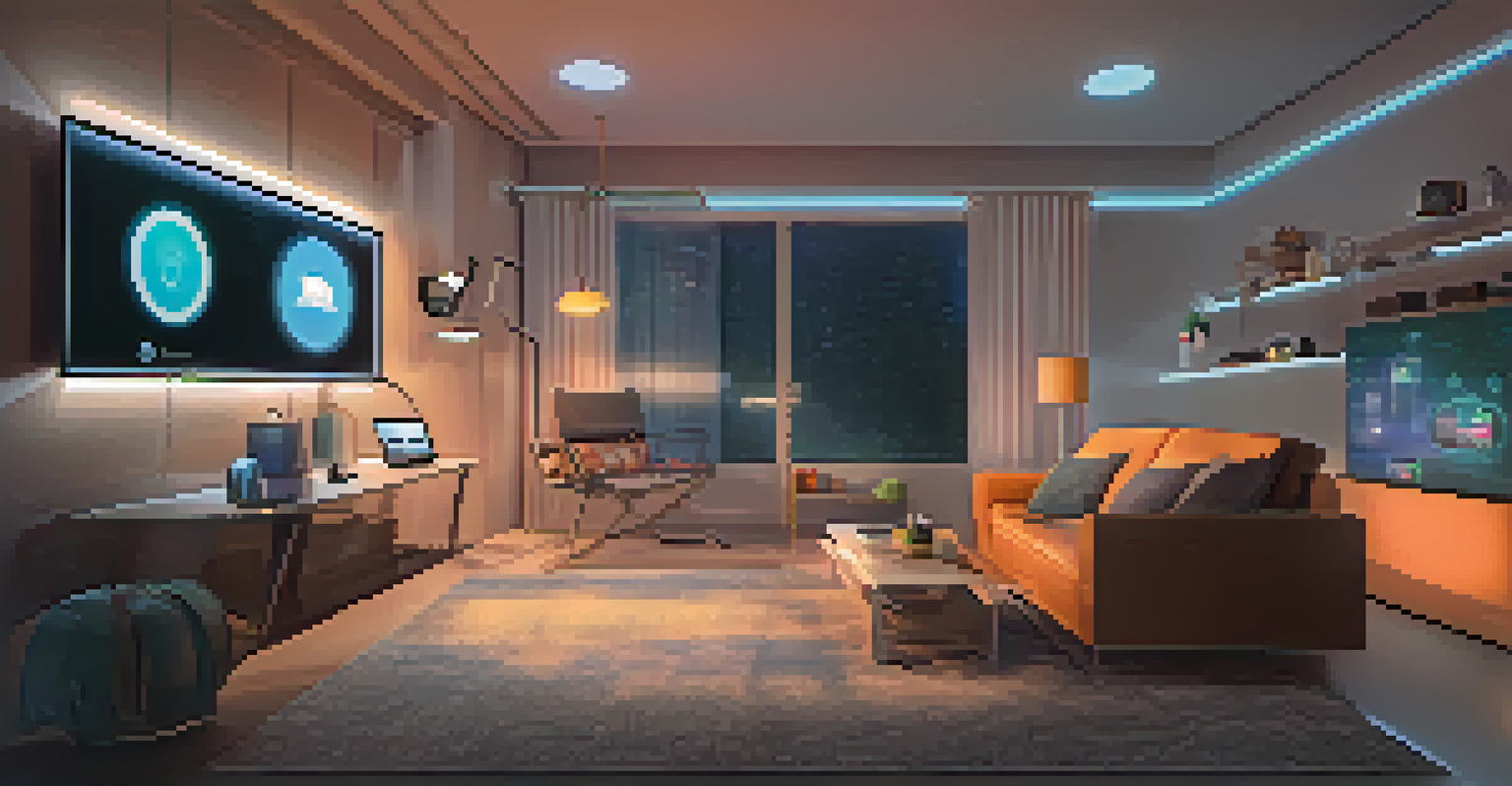A futuristic living room with various smart devices, showing a person activating voice control to dim lights and adjust the thermostat.