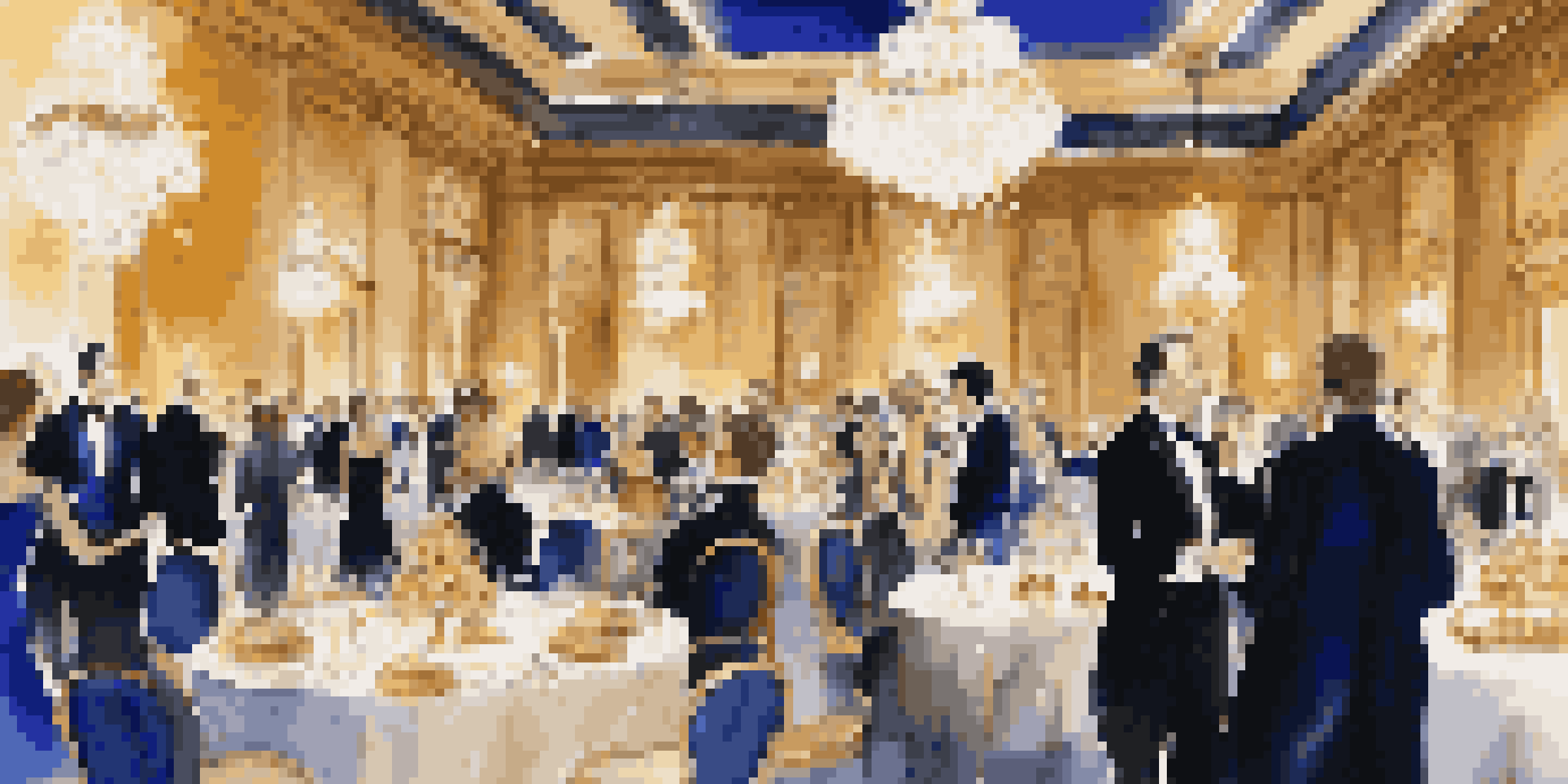 A luxury gala with elegantly dressed guests in a beautifully decorated ballroom, featuring chandeliers and a lavish buffet.