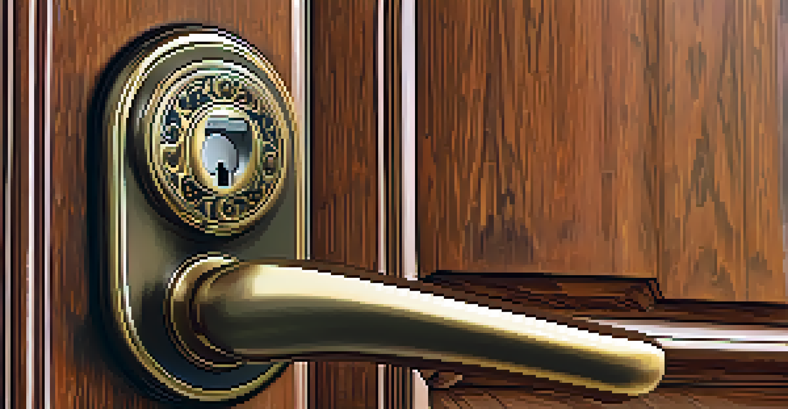 A close-up view of a high-tech smart lock on a wooden front door, demonstrating its intricate design and the warm light.