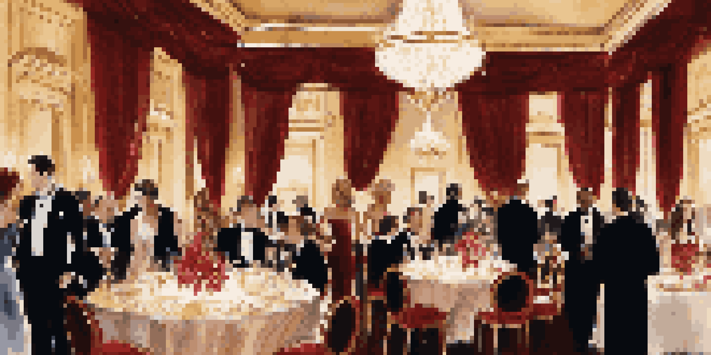 A luxurious gala with elegantly dressed guests mingling beneath a chandelier, set in a richly decorated room with floral centerpieces and warm lighting.