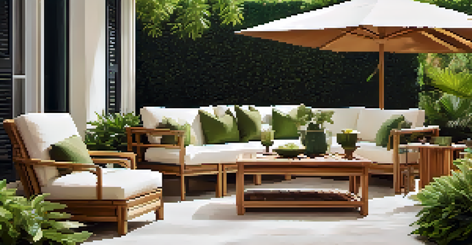 A beautiful patio with eco-friendly teak furniture surrounded by greenery and colorful flowers, illuminated by warm sunlight.