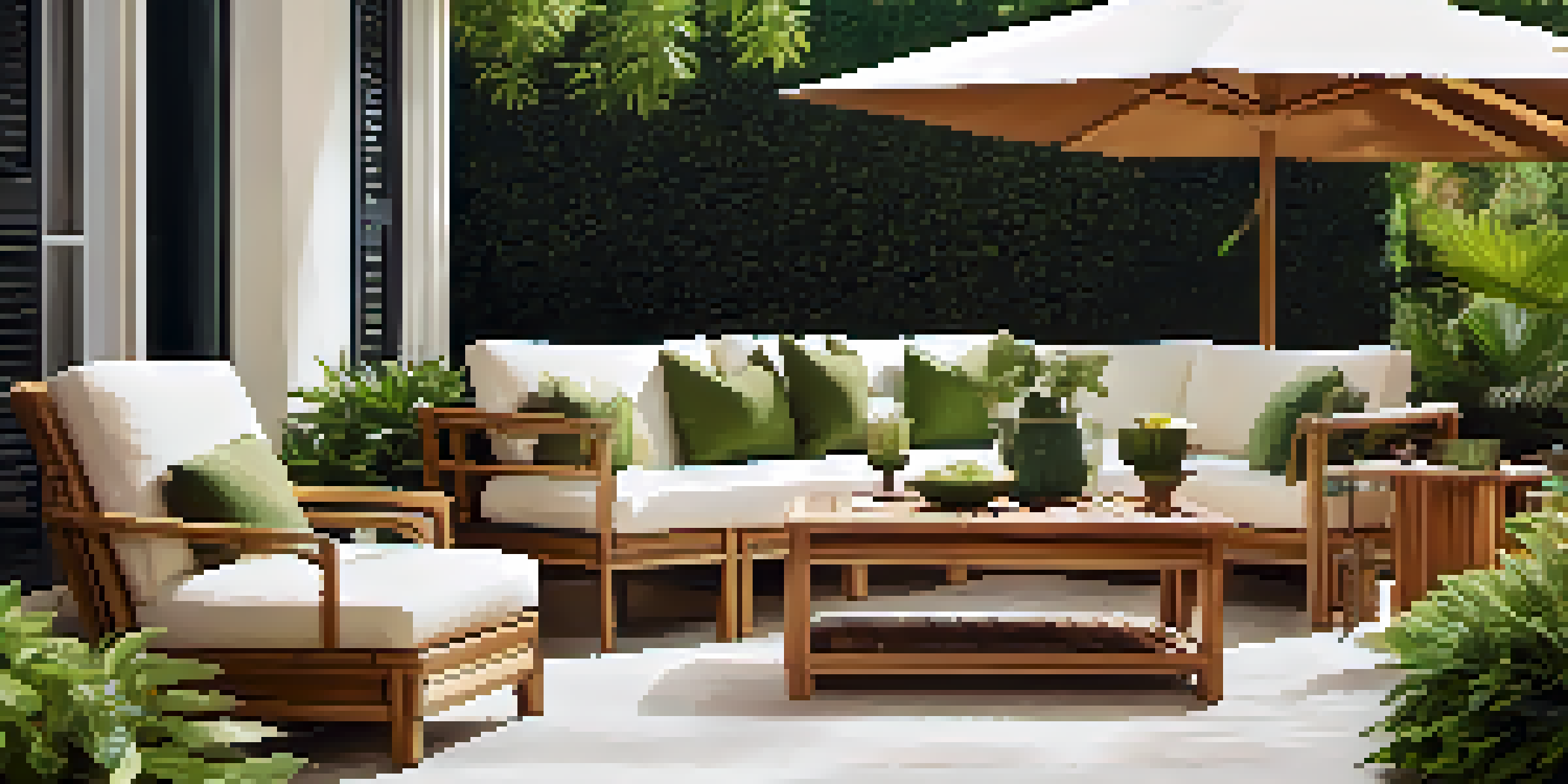 A beautiful patio with eco-friendly teak furniture surrounded by greenery and colorful flowers, illuminated by warm sunlight.