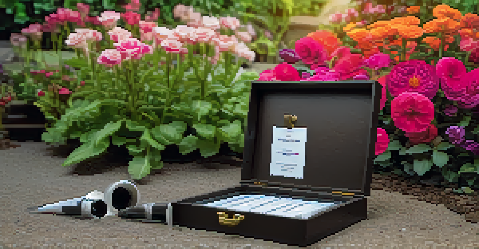 Close-up of a soil testing kit next to a colorful flower bed, with rich dark soil and organic matter in a luxury garden.