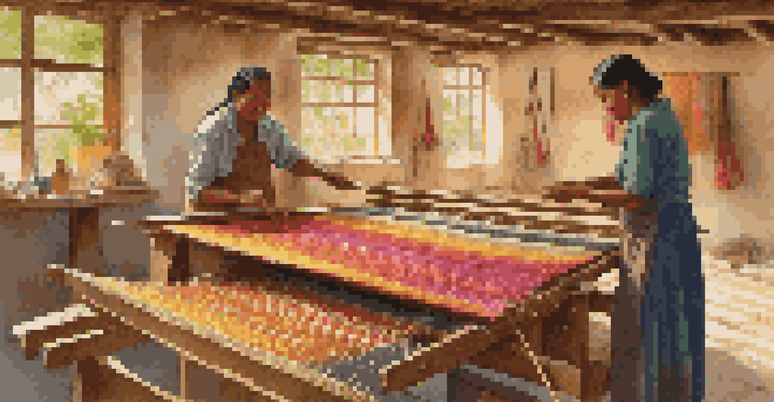 An artisan demonstrating weaving techniques at a textile workshop with colorful threads and fabrics.