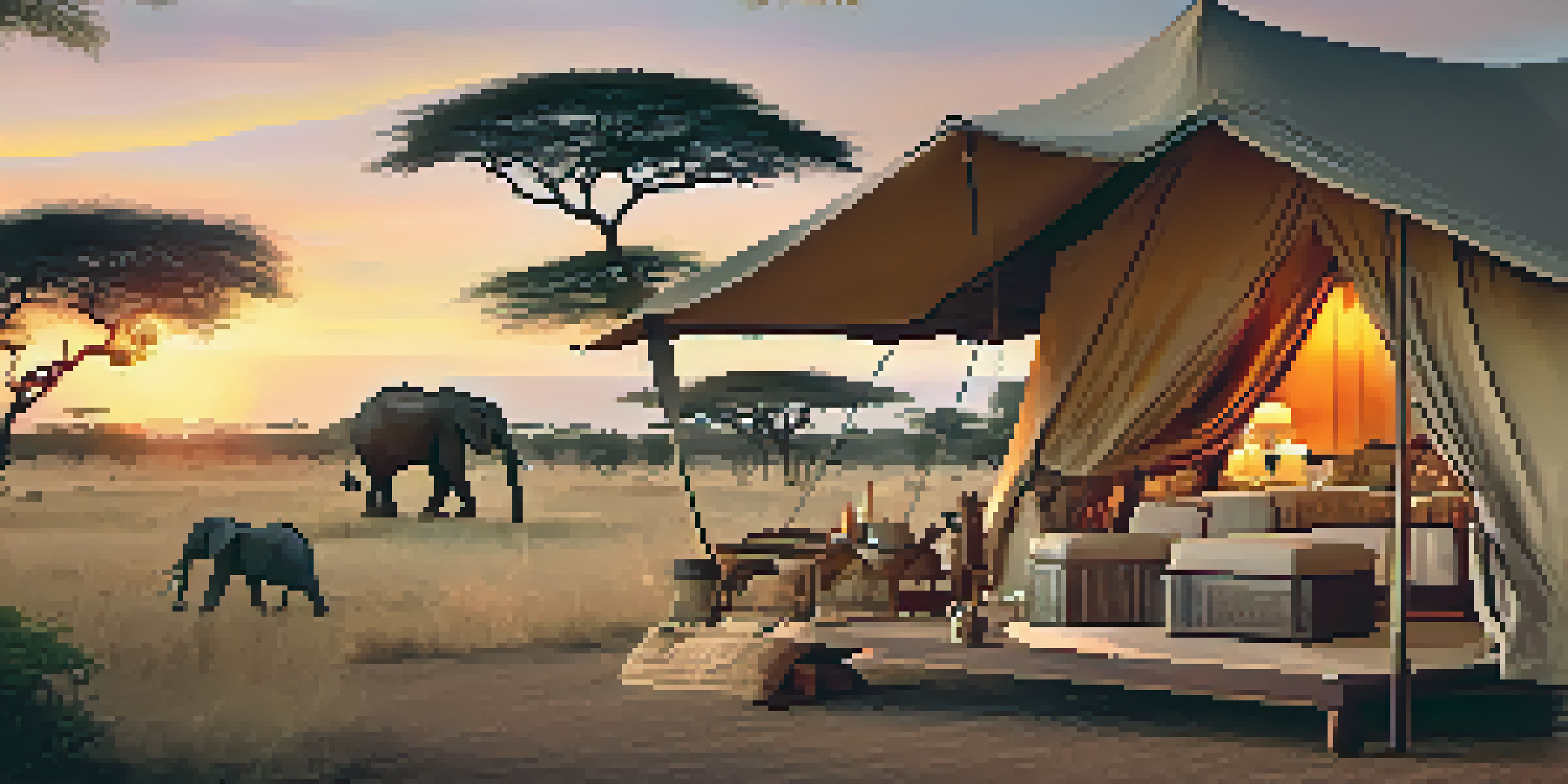 A luxurious safari tent with elegant decor in an African landscape, overlooking a sunset with elephants grazing nearby.