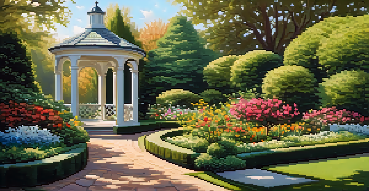 A vibrant and well-maintained garden showcasing colorful flowers and a serene gazebo in a luxury home.