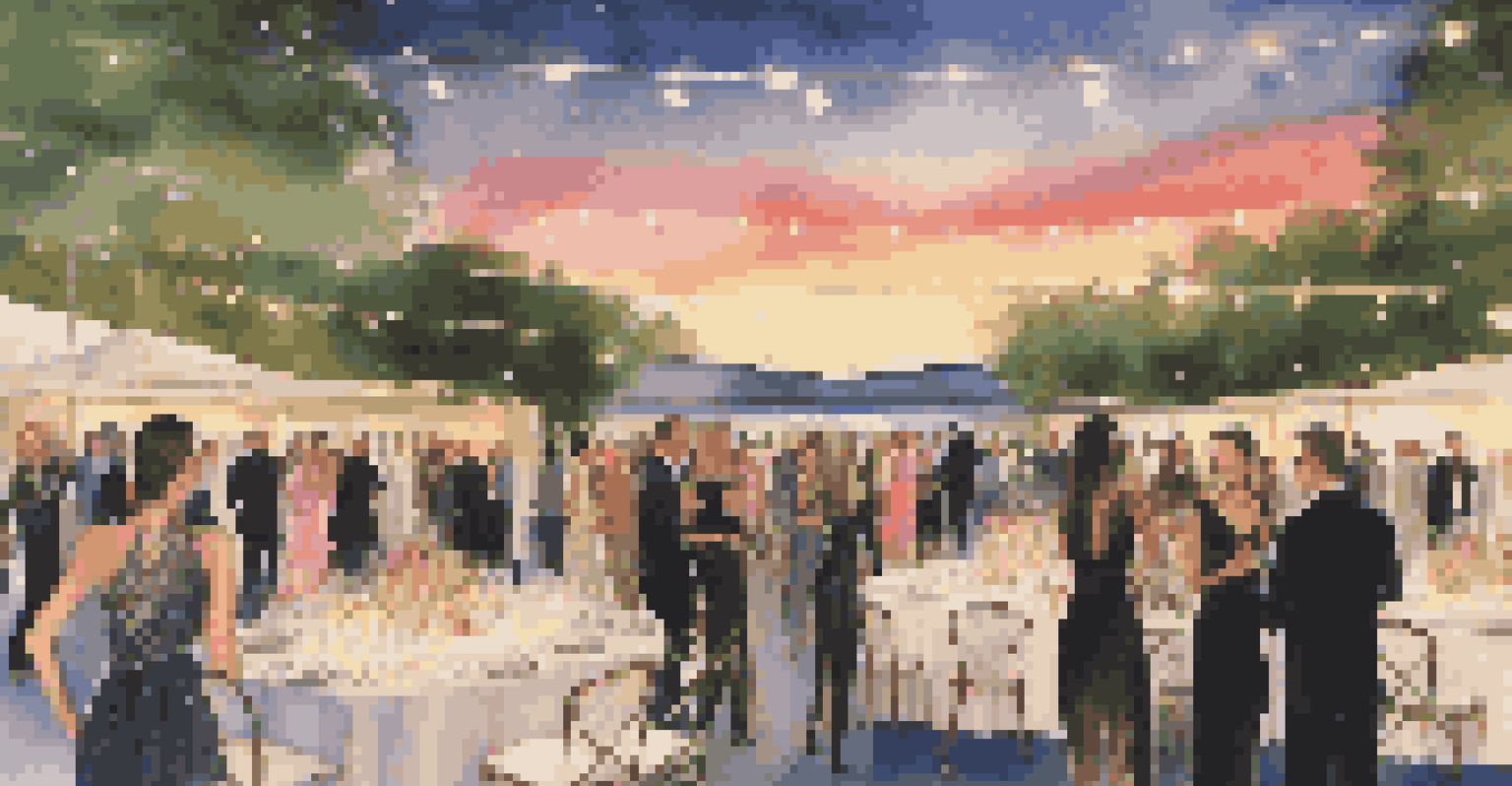 An outdoor luxury gala during sunset with guests in stylish attire and eco-friendly decorations, illuminated by fairy lights.