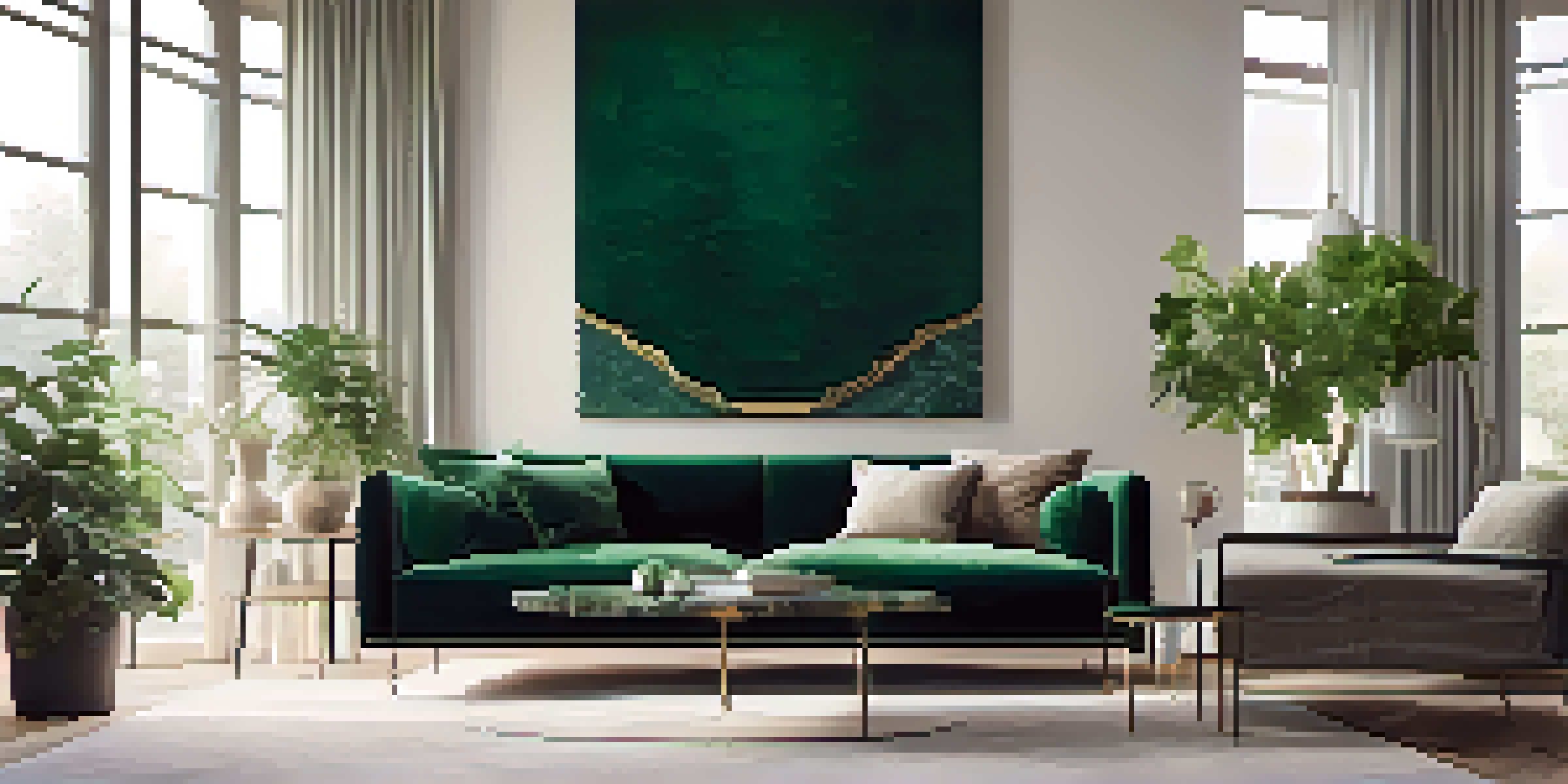 A minimalist living room with an emerald green velvet sofa, marble coffee table, and large windows allowing natural light, complemented by potted plants.