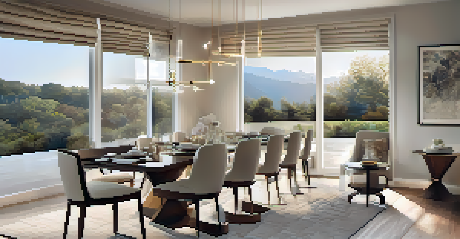 A chic dining area with automated window shades optimizing light, featuring an elegantly set table and contemporary art on the walls.