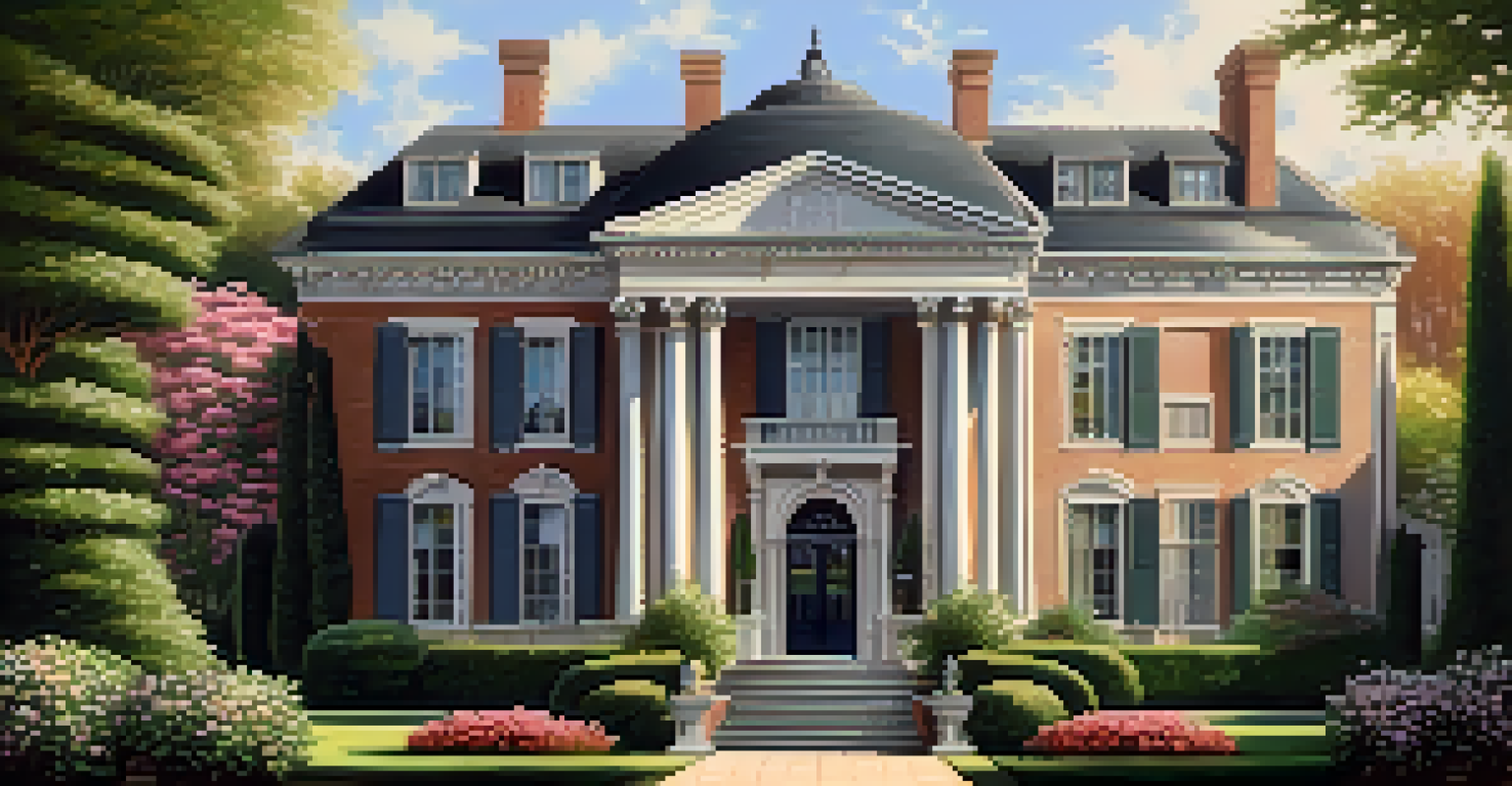 A restored historic estate with ornate architecture and a colorful garden in the foreground.