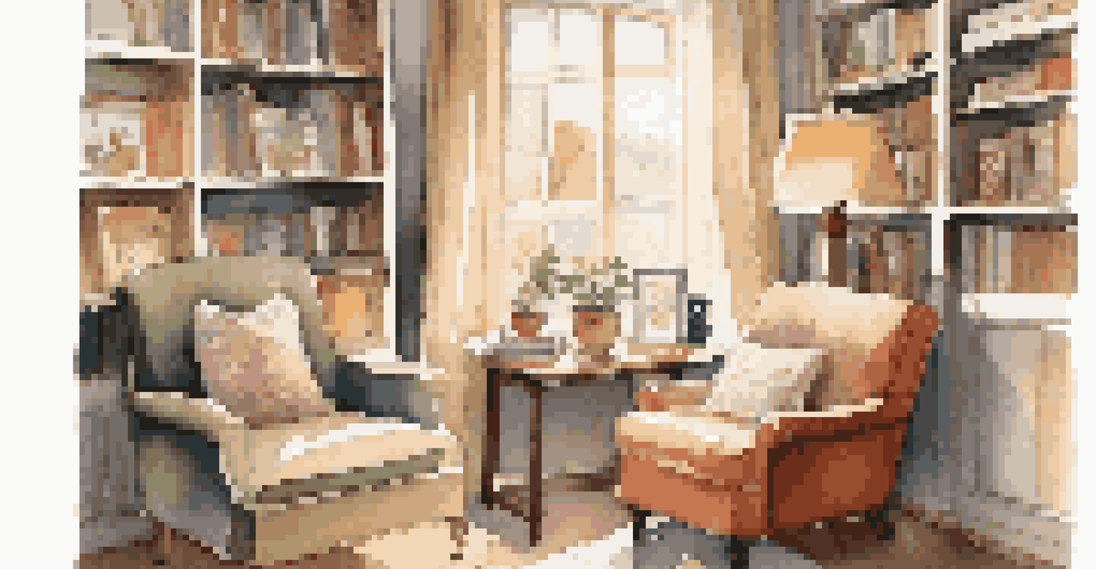 A cozy reading nook with plush chairs, art books, and shelves filled with collectibles, bathed in soft light.