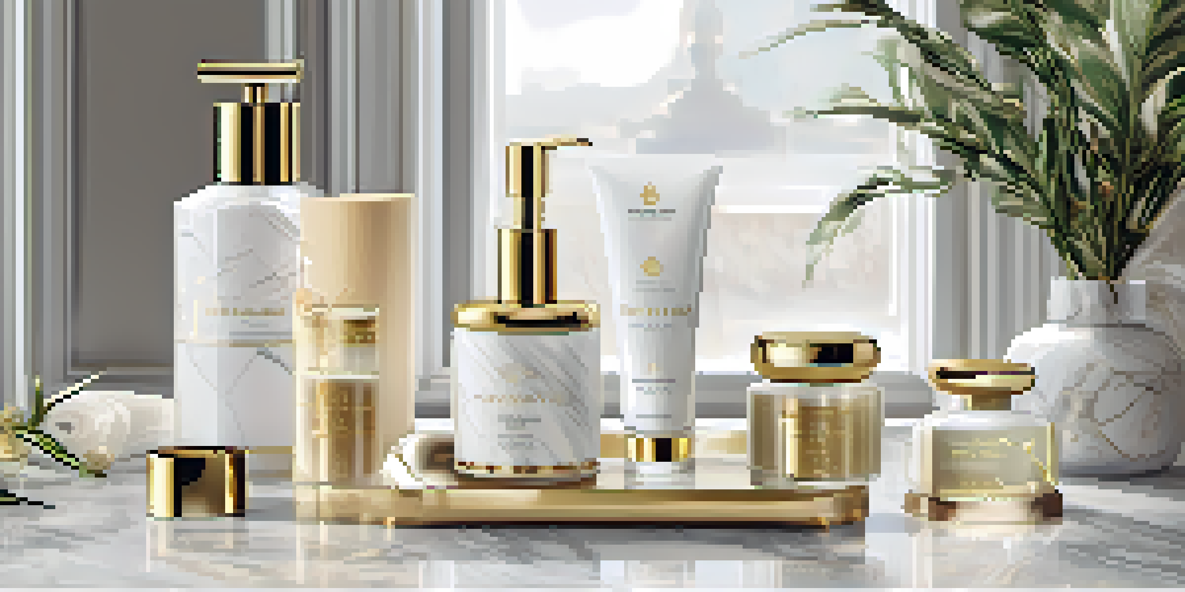 A display of luxury personal care items with elegant packaging on a marble countertop, illuminated by soft natural light.