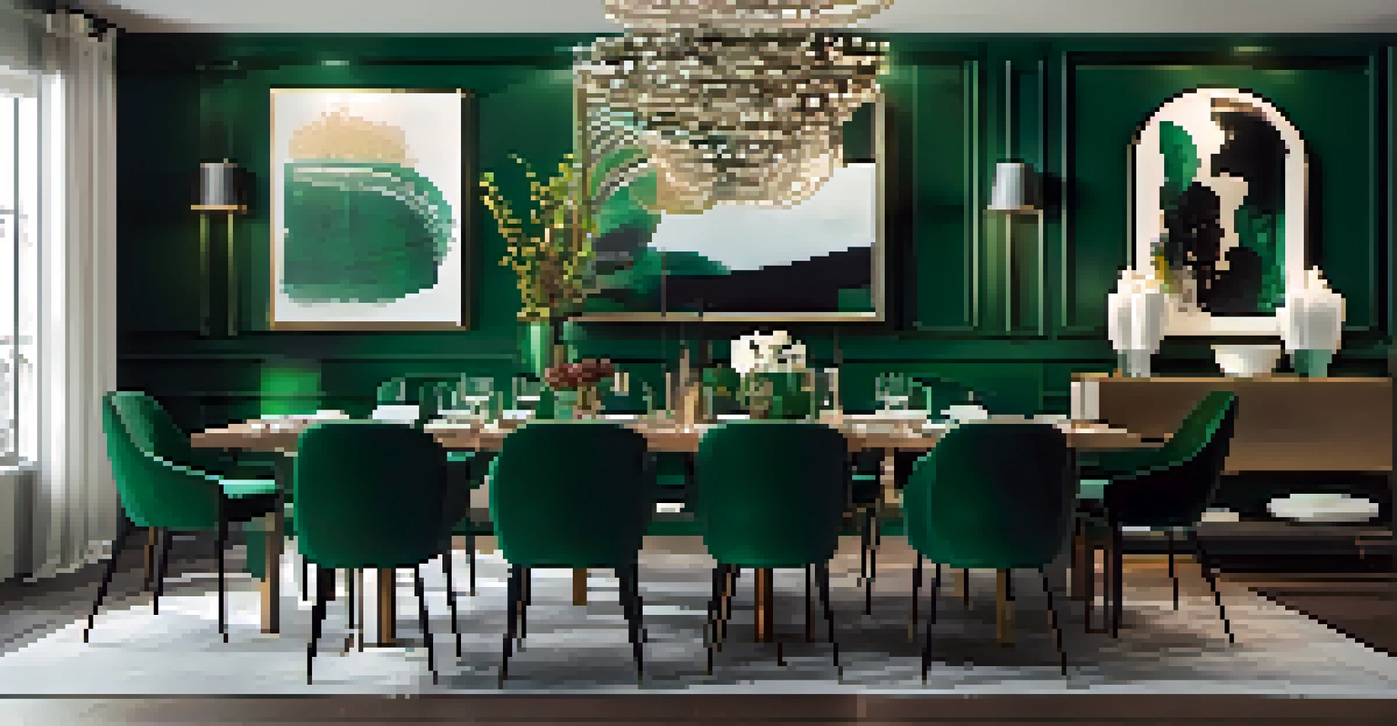 A stylish dining room with an emerald green accent wall and an elegantly set dining table.