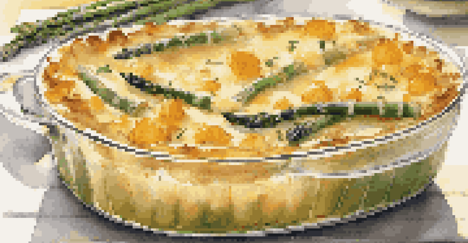 A gourmet vegetable gratin with butternut squash and asparagus, topped with a golden cheese crust.