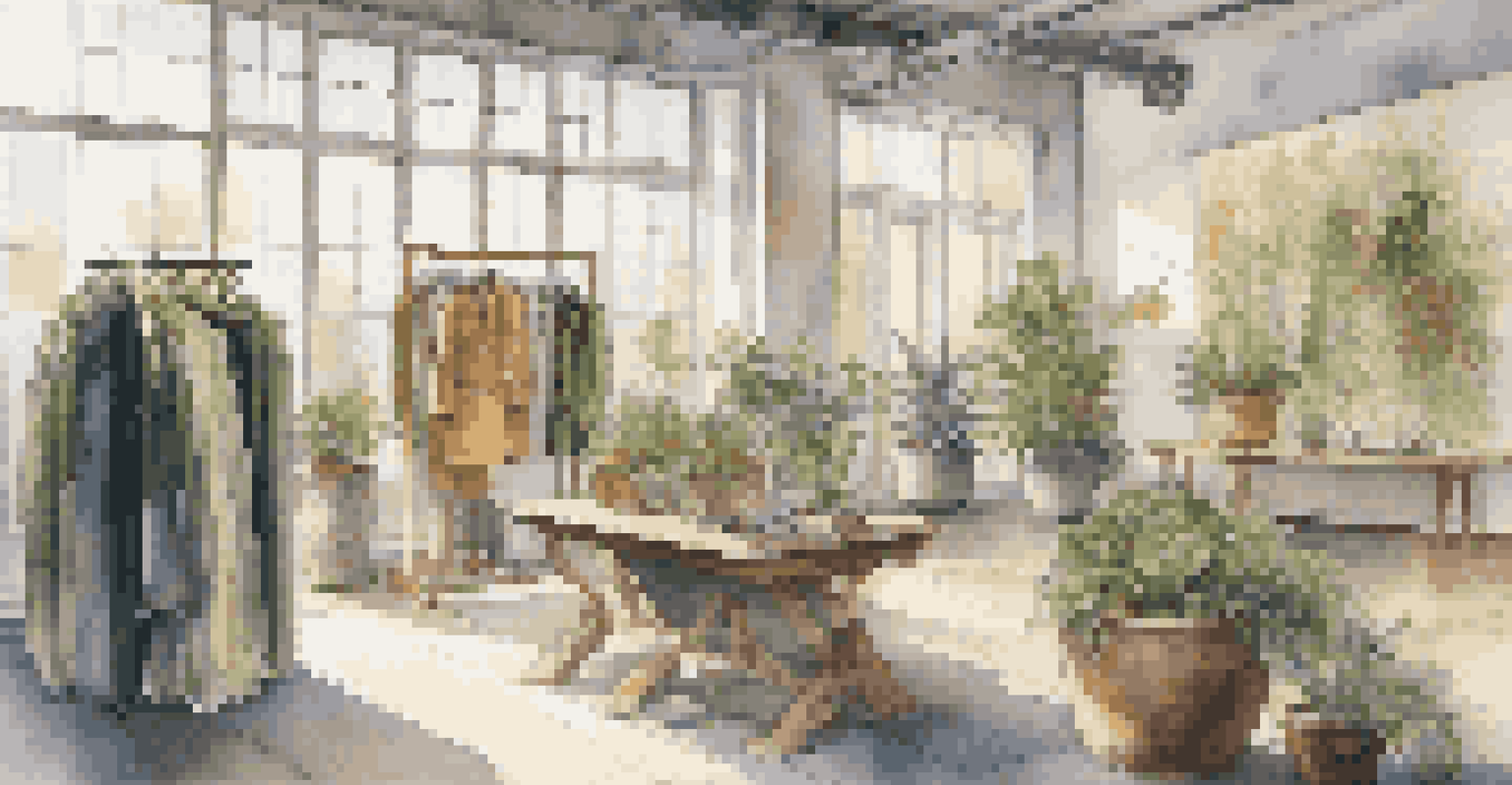 An eco-friendly studio displaying stylish garments made from recycled materials, with natural lighting and plants around.