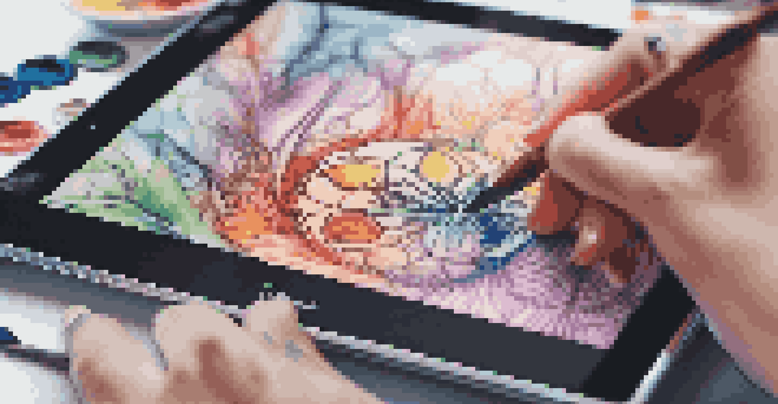 A close-up of an artist's hands on a digital tablet, creating designs with a brightly glowing screen and tools visible in the background.