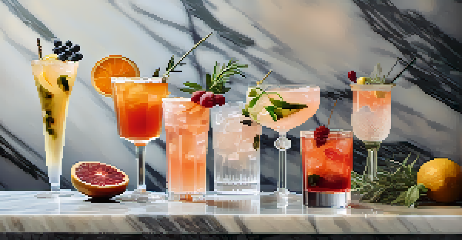 A selection of colorful craft cocktails on a marble bar, garnished with herbs and fruits under soft lighting.