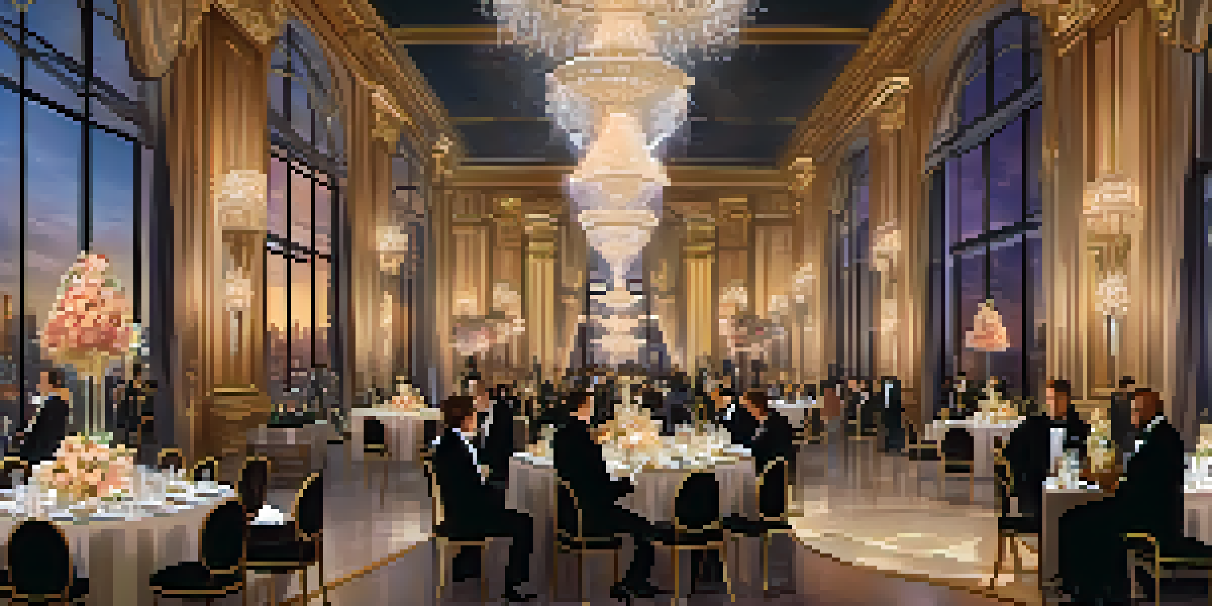A luxurious virtual gala with elegantly dressed guests in a beautifully designed digital ballroom, opulent chandeliers, and a city skyline view.