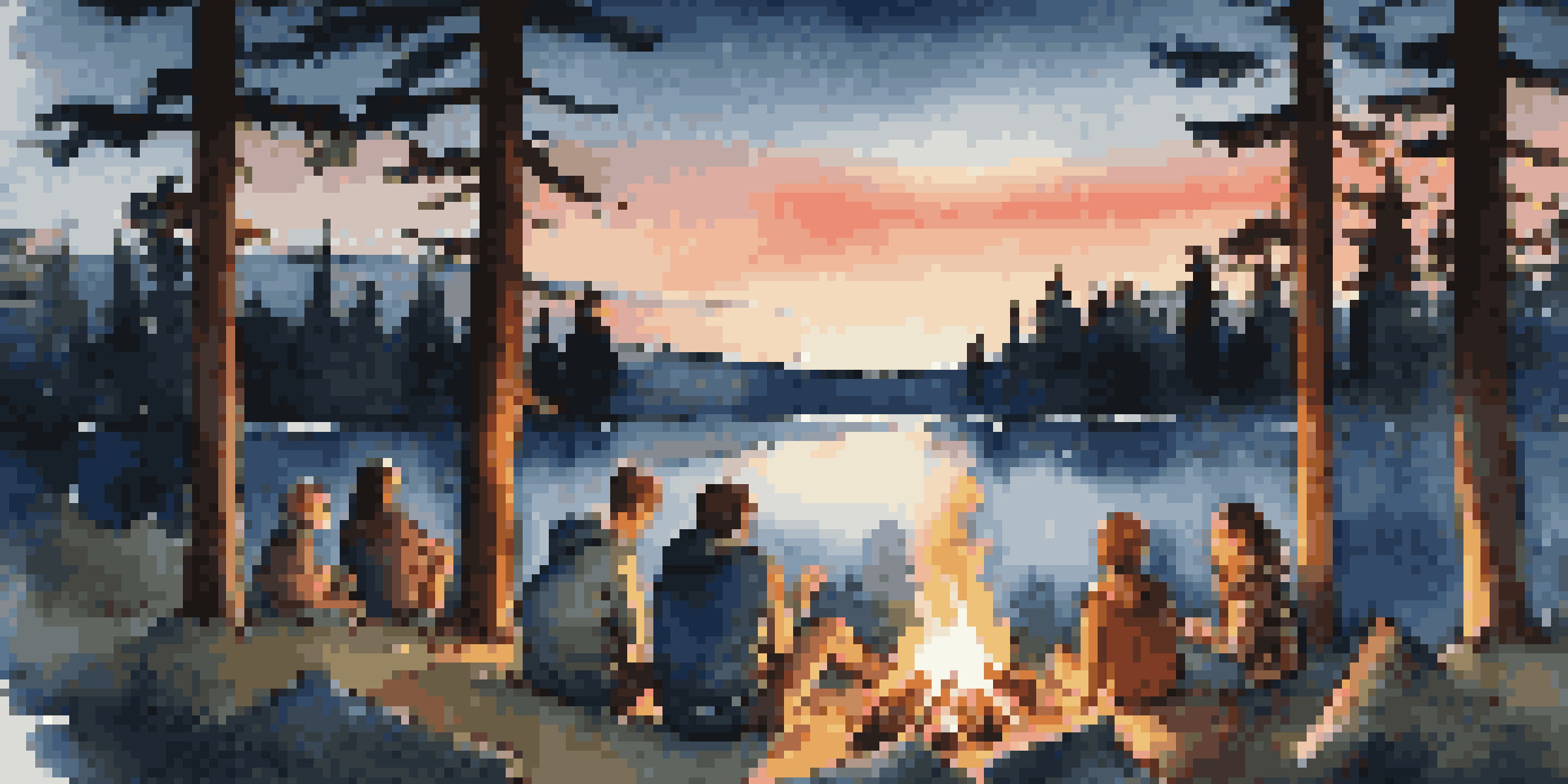 A family camping at dusk, roasting marshmallows by a campfire surrounded by tall pine trees and a starry sky.