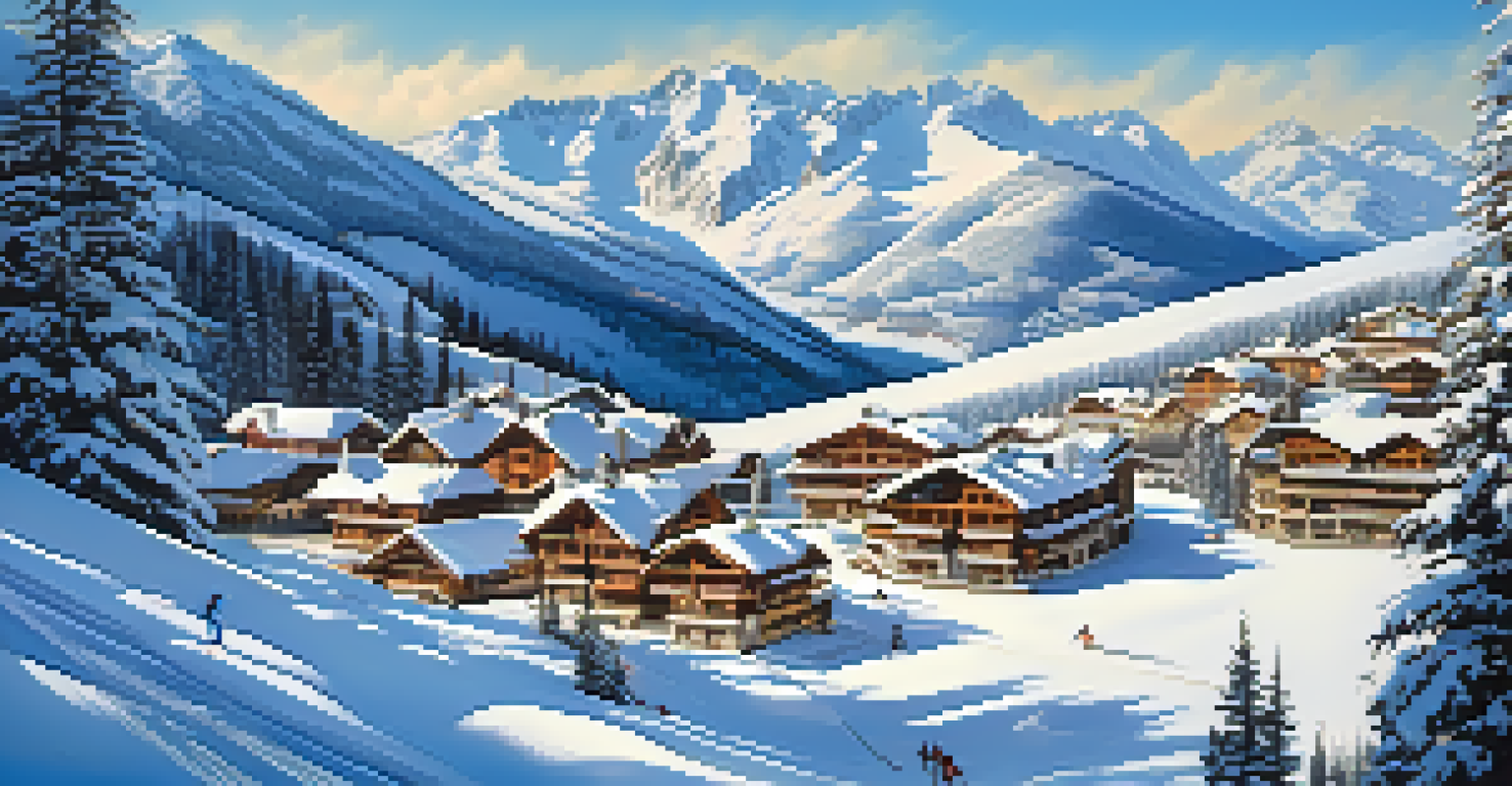 A ski resort in a winter landscape with skiers on the slopes and chalets in the background.