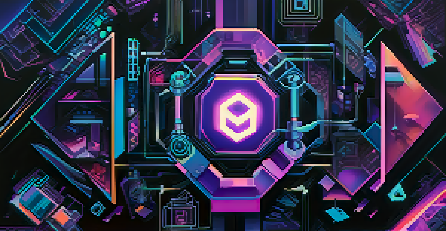 An abstract image depicting the fusion of technology and art, with blockchain symbols and digital tools blended with colorful art pieces.