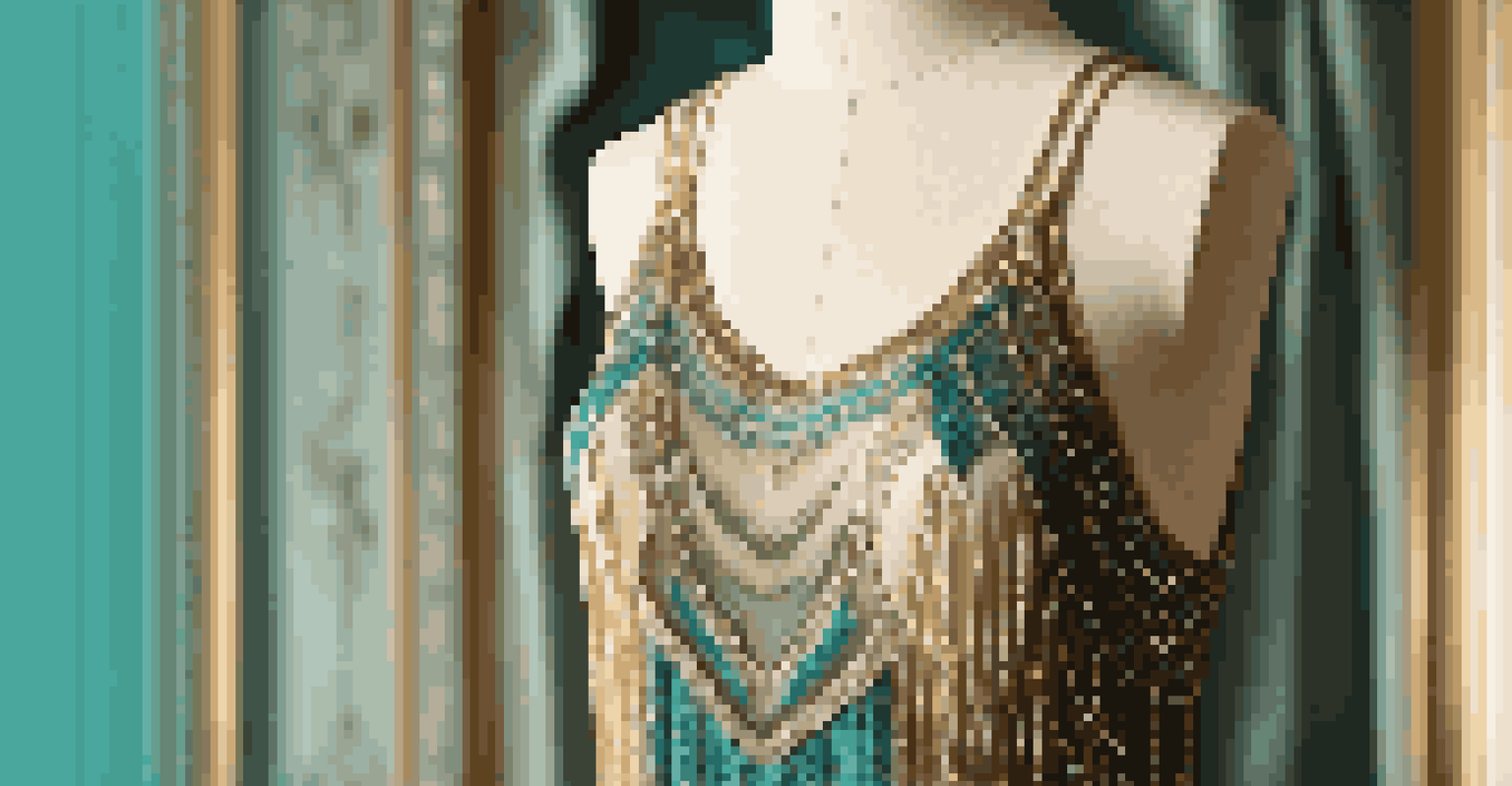A close-up of a vintage flapper dress on a mannequin, set against an art deco background with warm gold and teal tones.