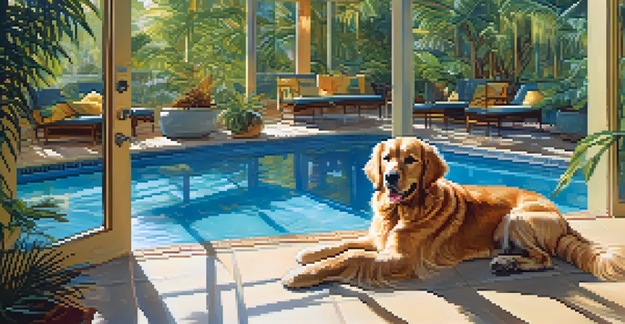 A golden retriever relaxing by a private pool in a luxurious pet resort with spacious suites and tropical plants.