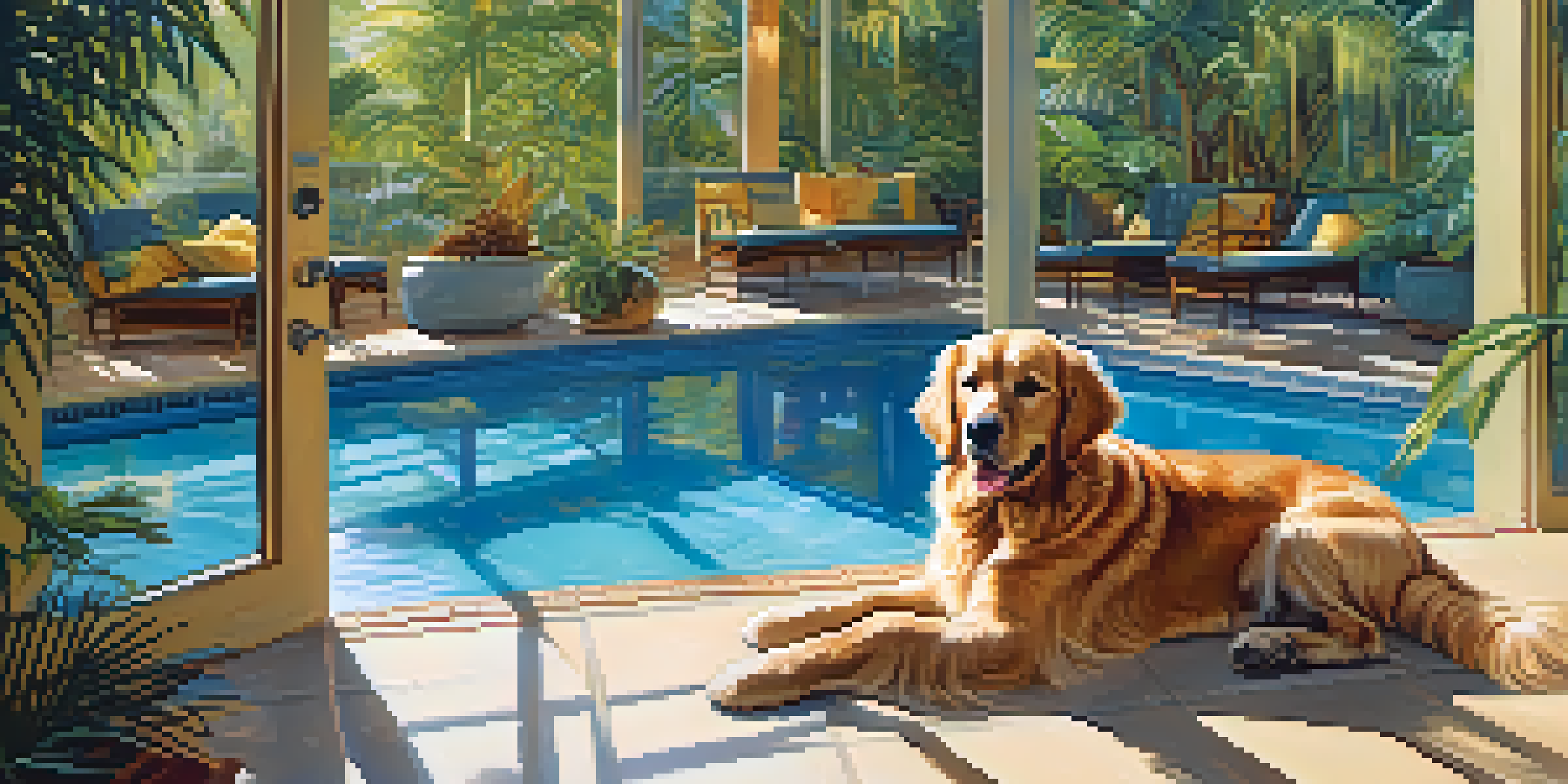 A golden retriever relaxing by a private pool in a luxurious pet resort with spacious suites and tropical plants.