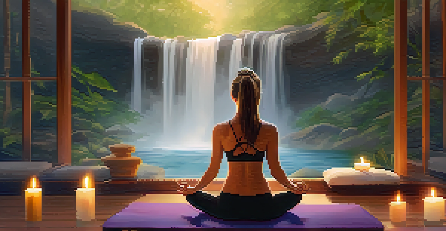A person meditating in a peaceful spa room surrounded by candles and soft pillows, creating a calming atmosphere.
